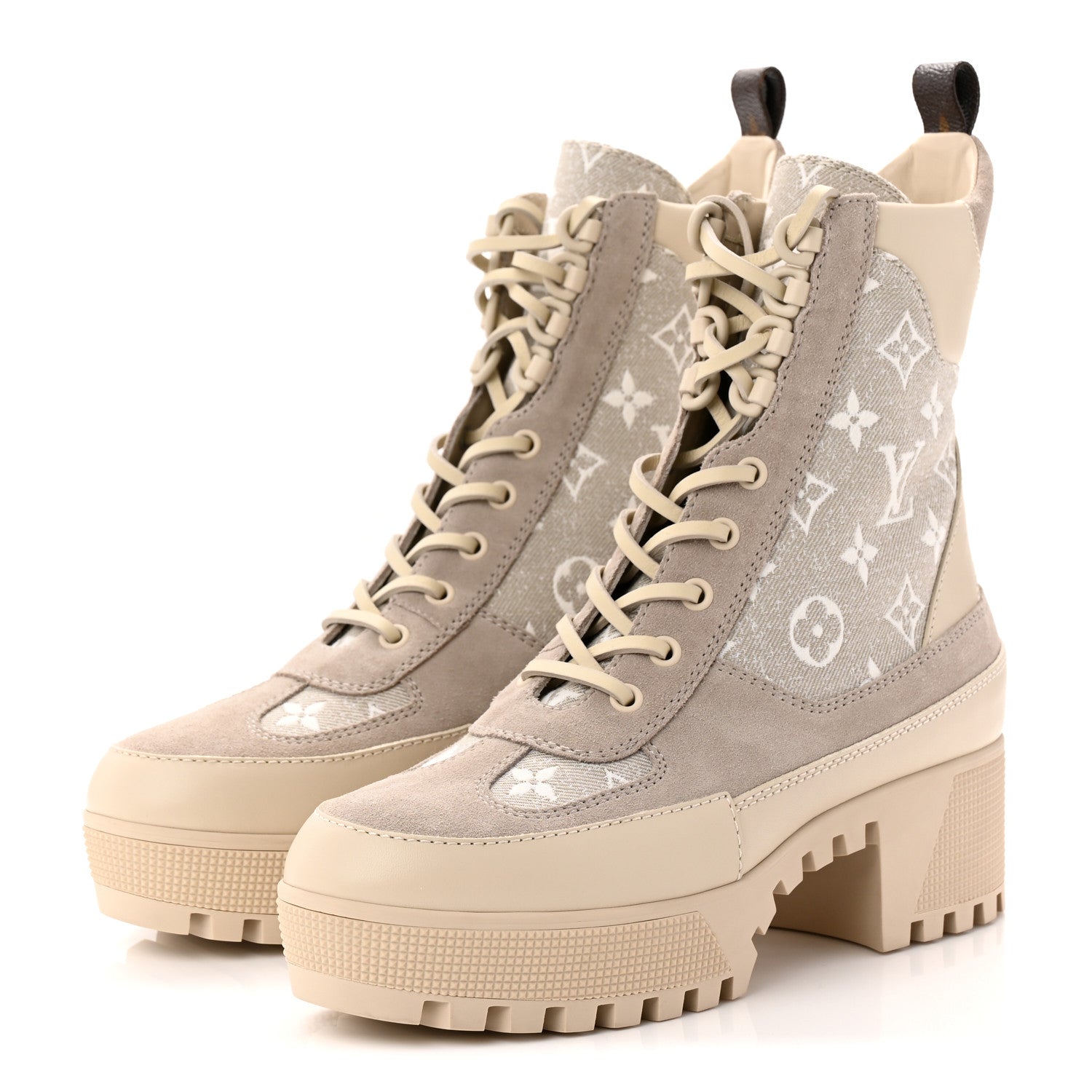 Louis Vuitton Suede Calfskin Monogram Denim Laureate Platform Desert Boots 38.5 Taupe 3 of 10