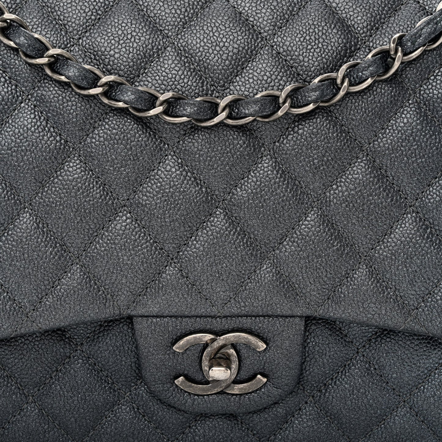 Metallic Caviar Quilted Maxi Double Flap Charcoal