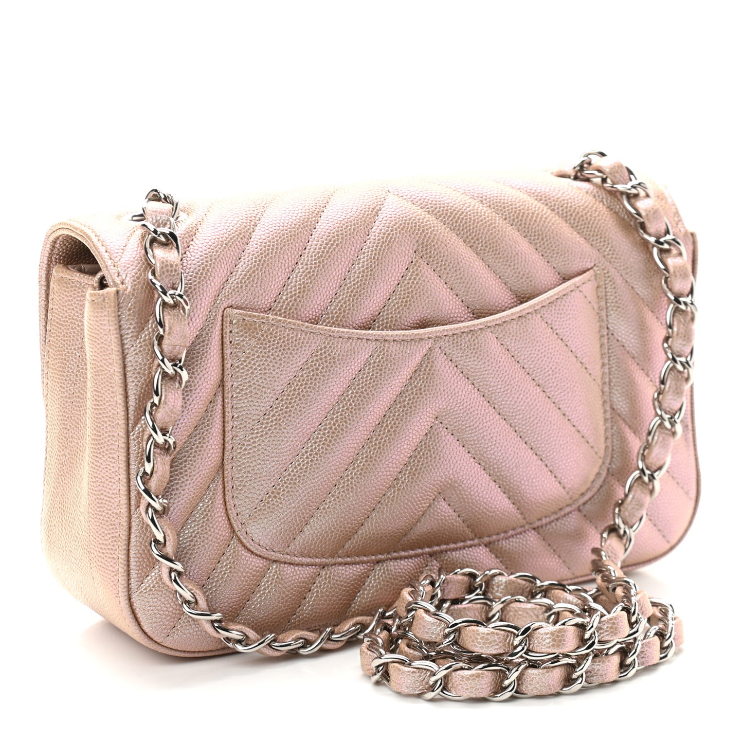 Iridescent Caviar Chevron Quilted Mini Rectangular Flap Light Gold