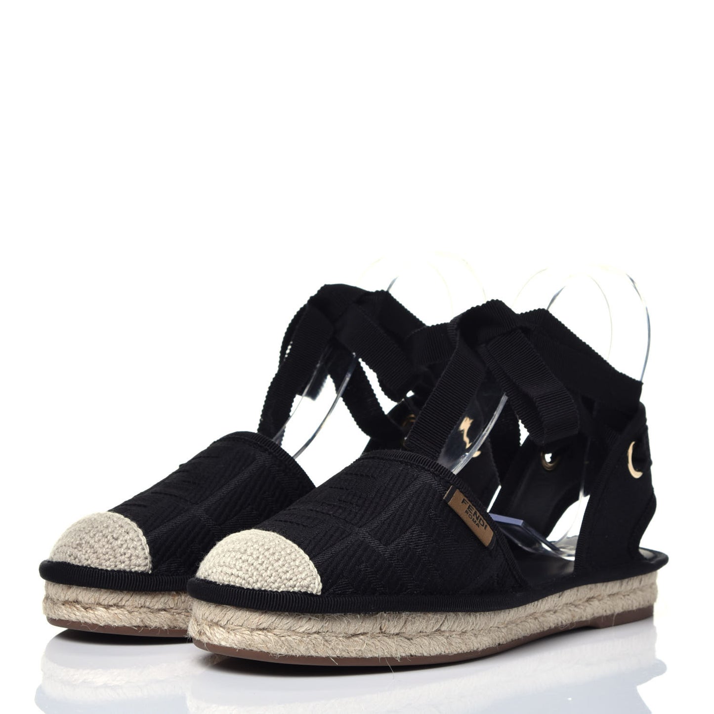Canvas FF Embroidered Roma Ankle Wrap Flat Espadrilles 36 Black
