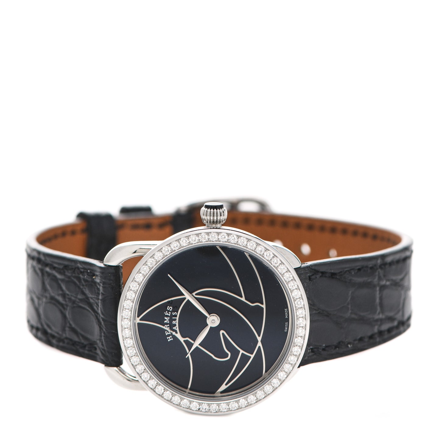Stainless Steel Alligator Diamond 28mm Arceau Cavales Quartz Watch Noir
