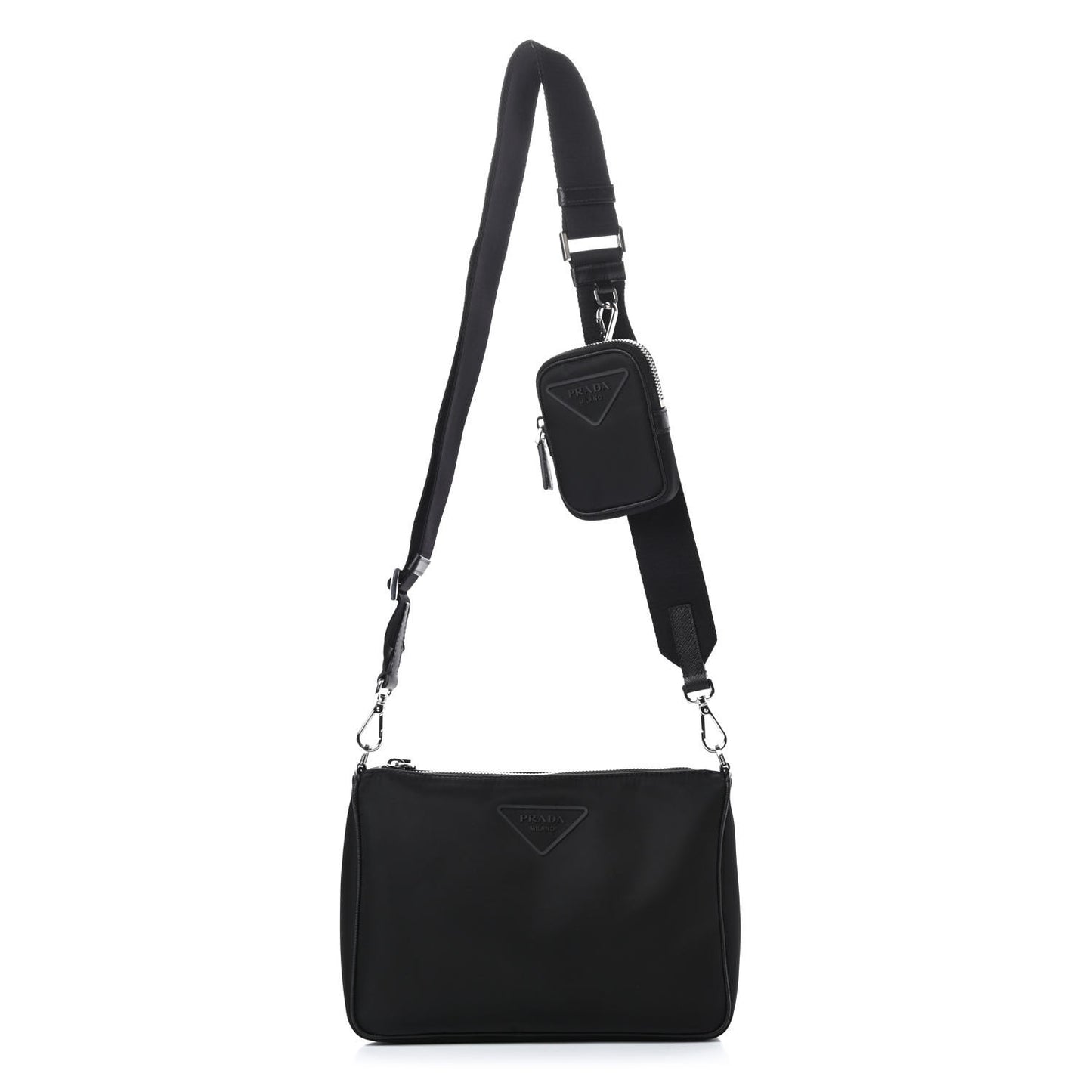 Tessuto Nylon Saffiano Rubber Triangle Logo Pocket Zippered Shoulder Bag Black