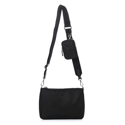 Prada Tessuto Nylon Saffiano Rubber Triangle Logo Pocket Zippered Shoulder Bag Black 1 of 11