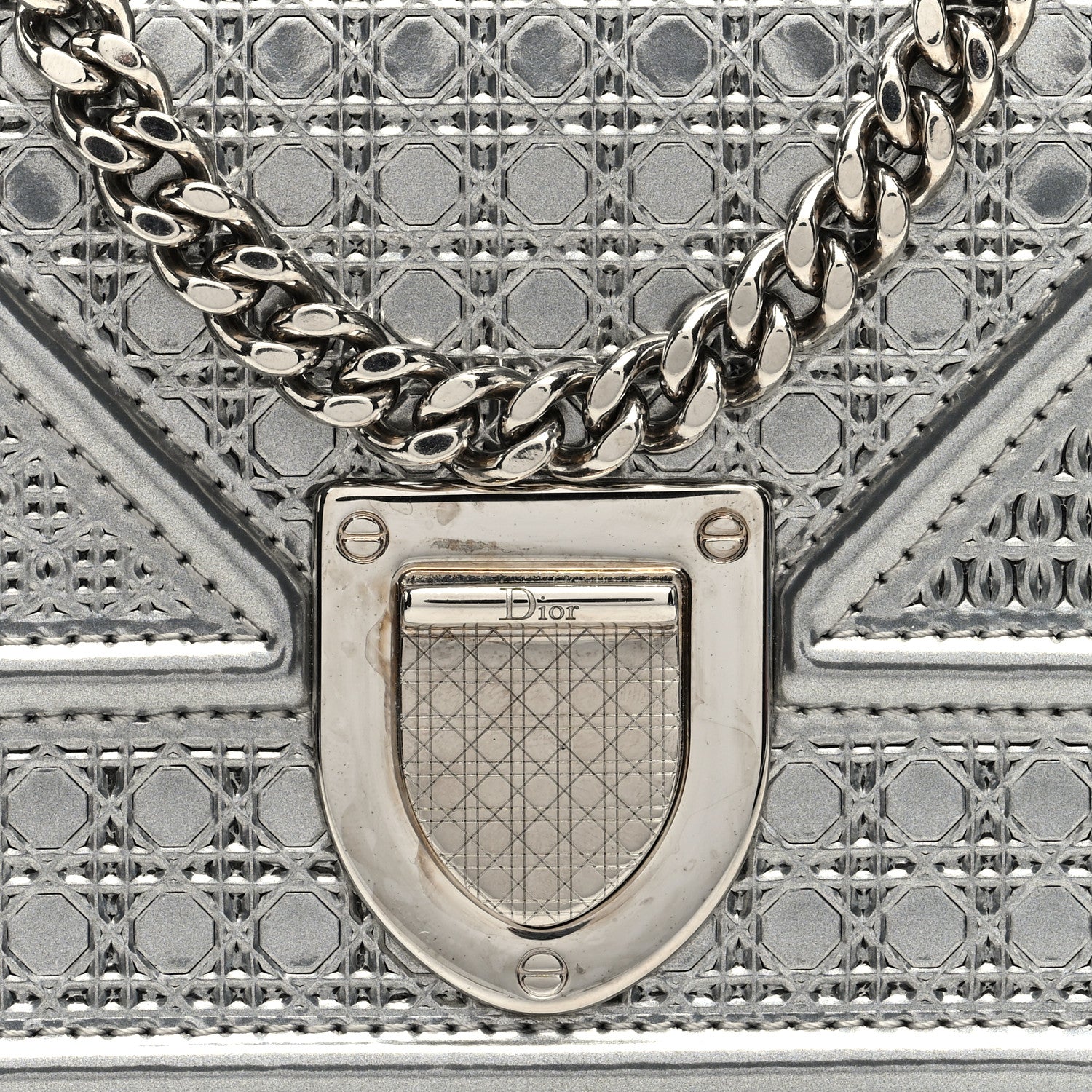 Christian Dior Metallic Patent Micro-Cannage Diorama Wallet on Chain Pouch Silver 7 of 9