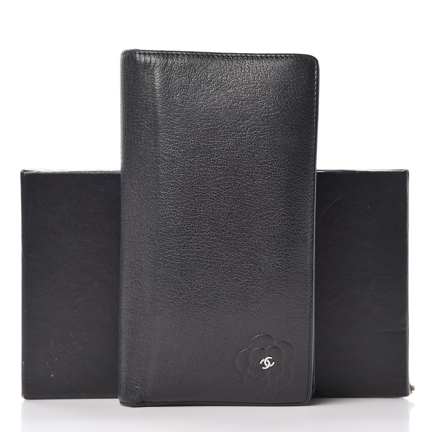 Chanel Goatskin Camellia Embossed Yen Wallet Black 13 of 13