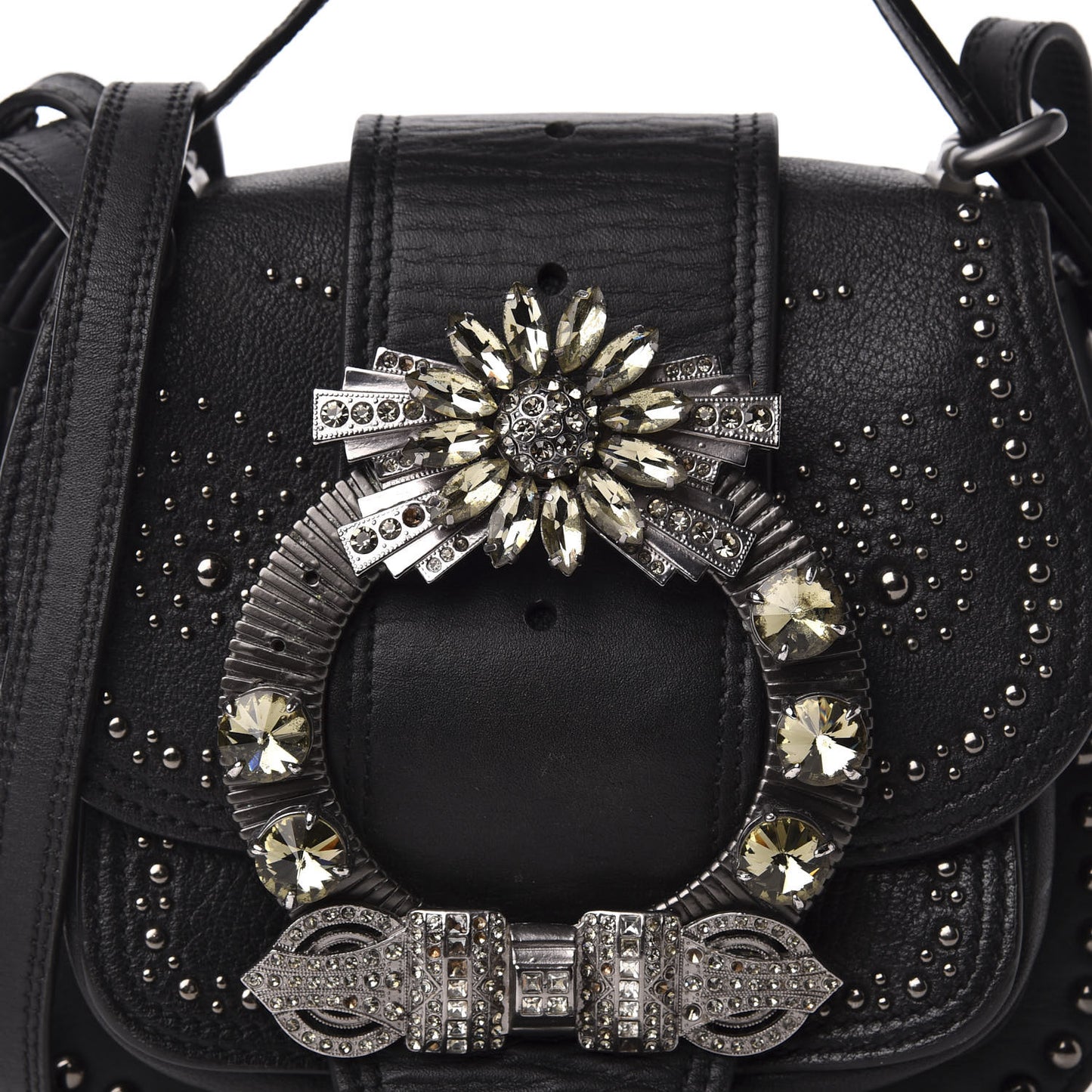 Goatskin Madras Soft Calfskin Crystal Embellished Dahlia Shoulder Bag Black
