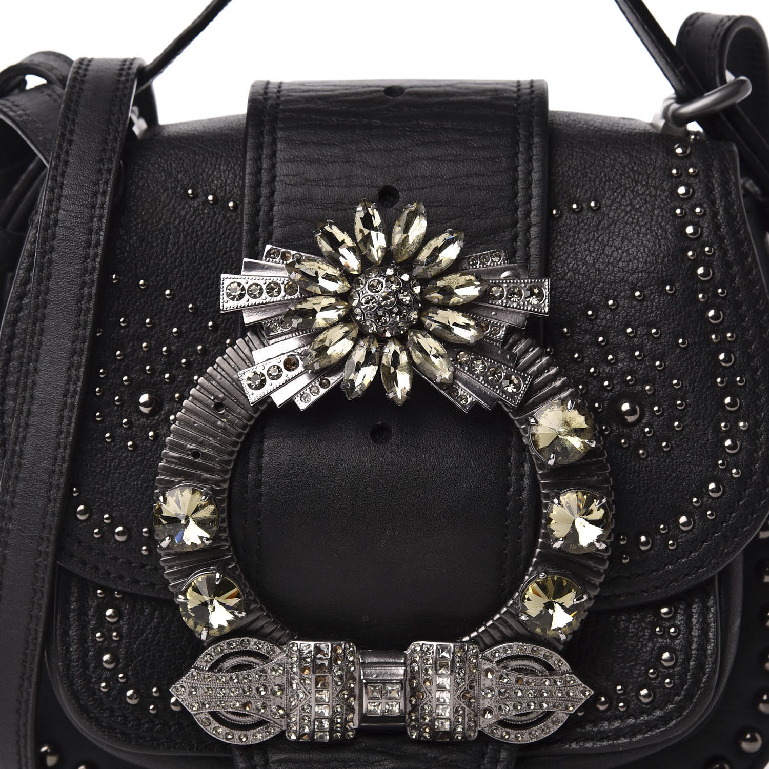 Miu Miu Goatskin Madras Soft Calfskin Crystal Embellished Dahlia Shoulder Bag Black 16 of 16