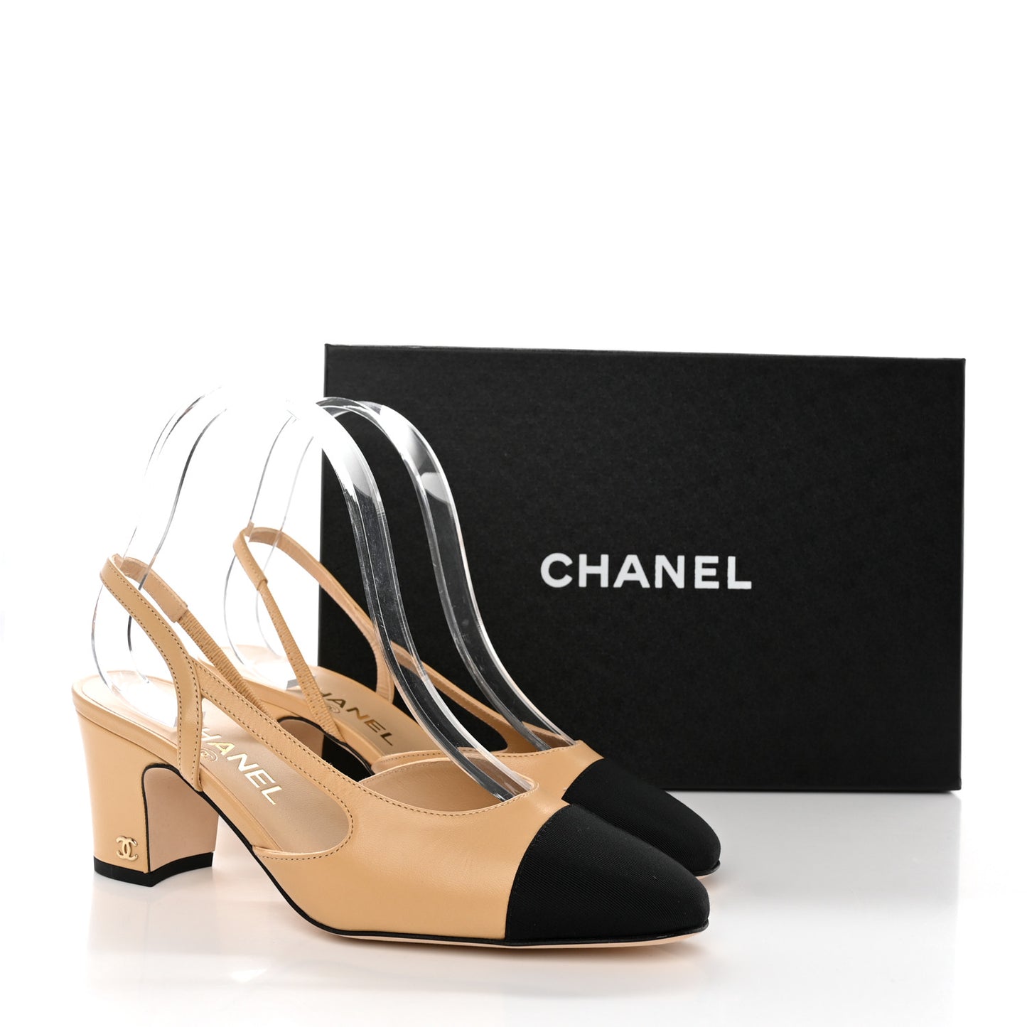 Goatskin Grosgrain Cap Toe CC Slingback Pumps 37 Beige Black