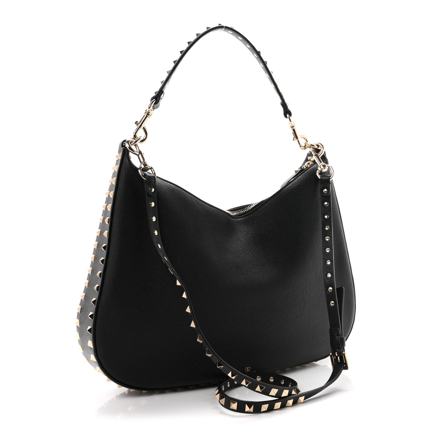 Grained Calfskin Rockstud Hobo Bag Black