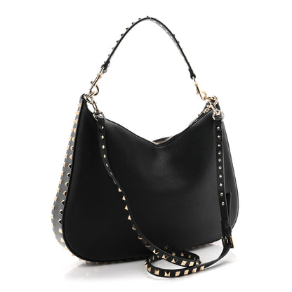 Valentino Garavani Grained Calfskin Rockstud Hobo Bag Black 3 of 10