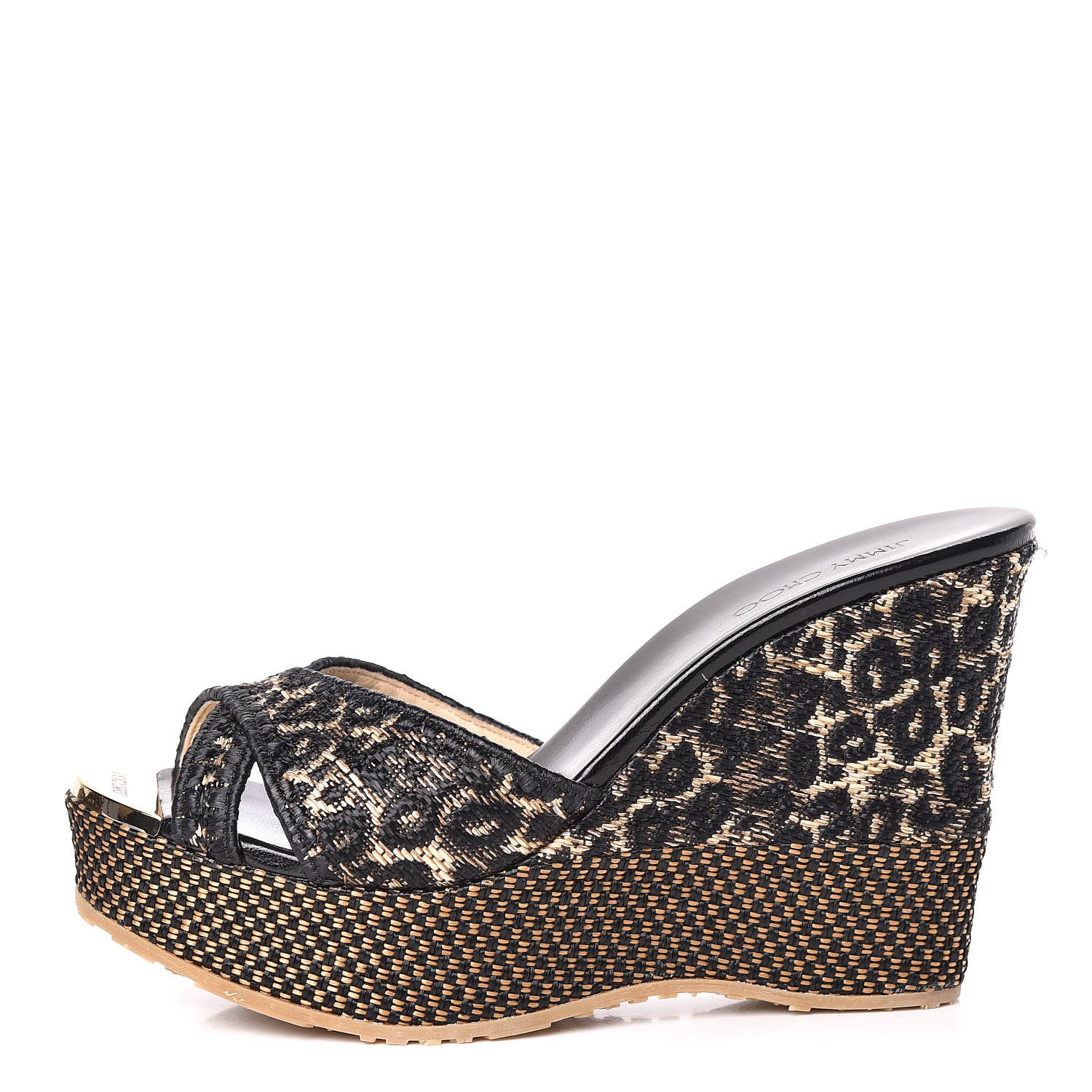 Jimmy Choo Woven Raffia Leopard Print Perfume Wedge Sandals 37.5 Black 1 of 10