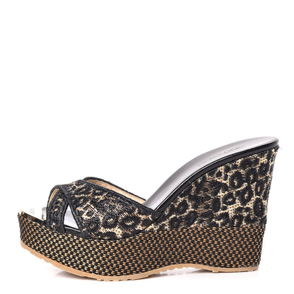 Jimmy Choo Woven Raffia Leopard Print Perfume Wedge Sandals 37.5 Black 1 of 10