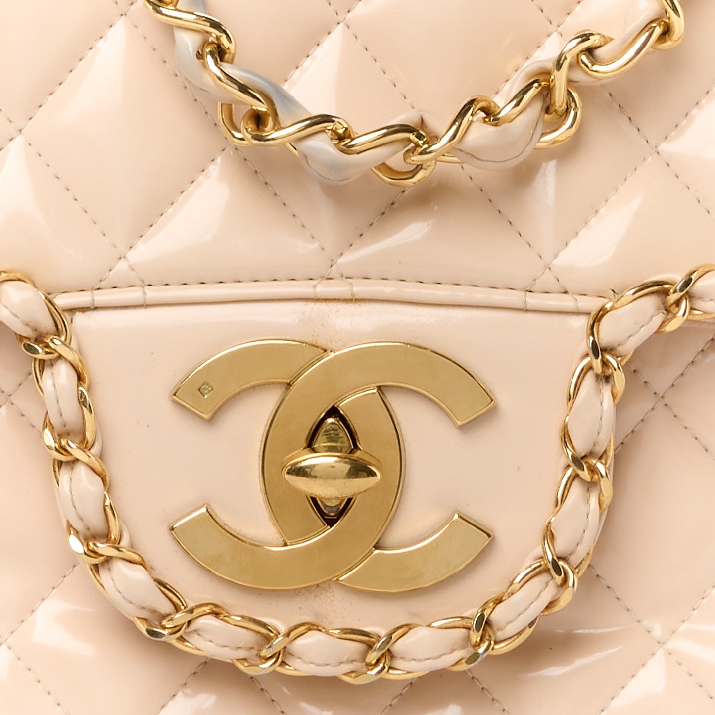 Patent Quilted Jumbo XL Chain Around Flap Beige