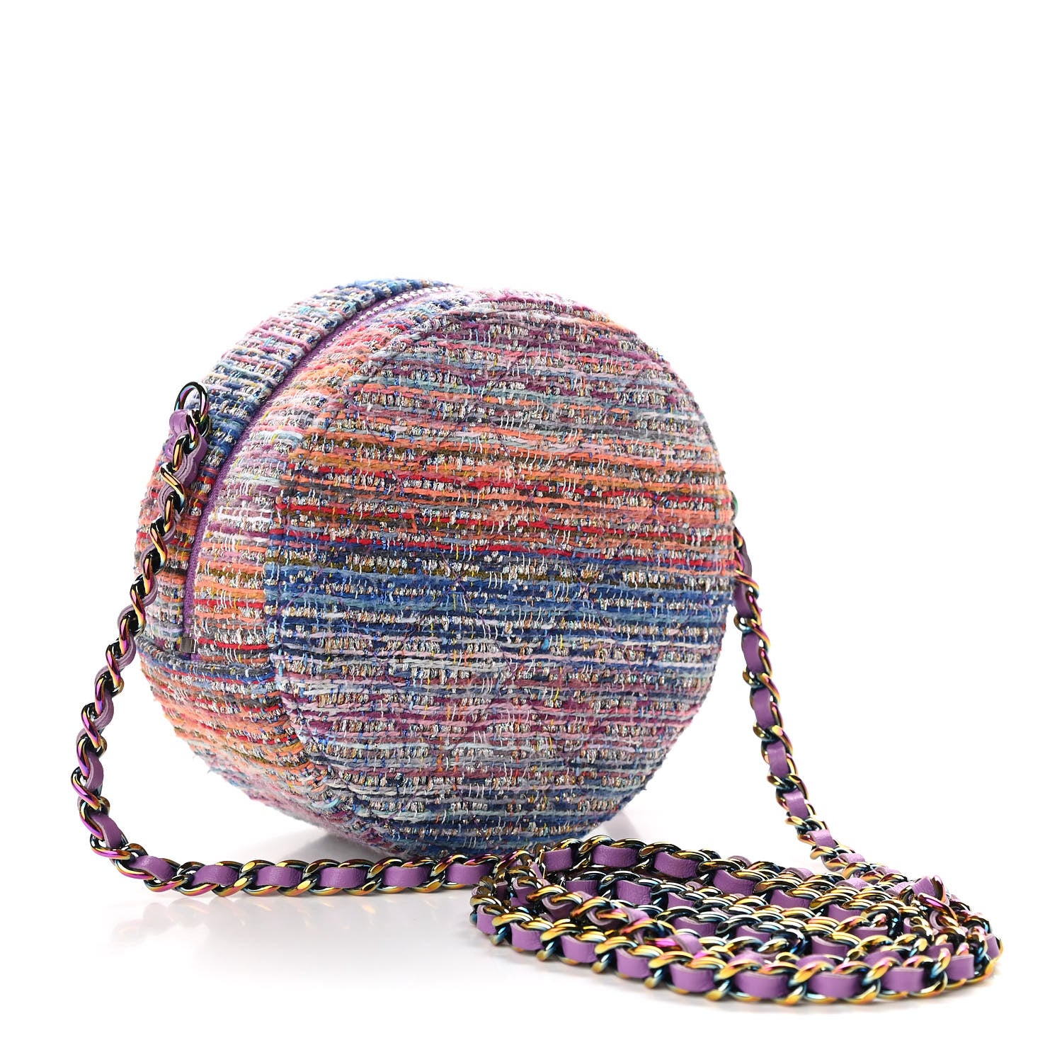 Chanel Tweed Quilted Round Clutch With Chain Blue Pink Orange 3 of 10