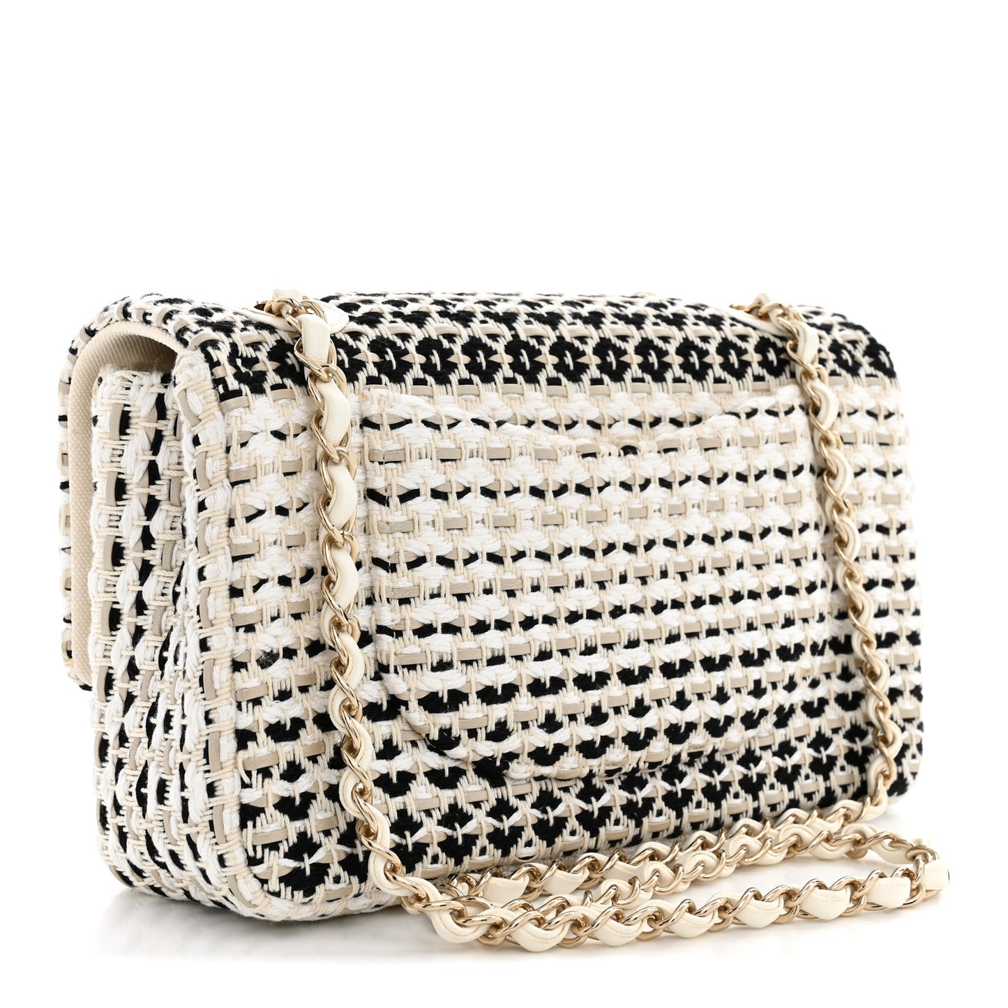 Cotton Raffia Lambskin Woven Medium Single Flap Beige Beige Black