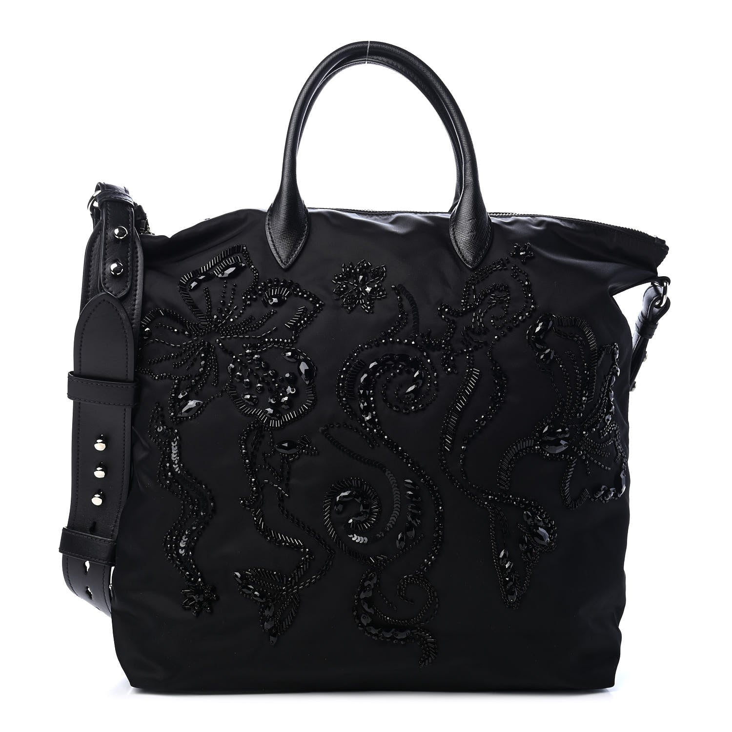 Prada Tessuto Nylon Ricamo Sequin Embroidered Shopping Tote Black 1 of 9