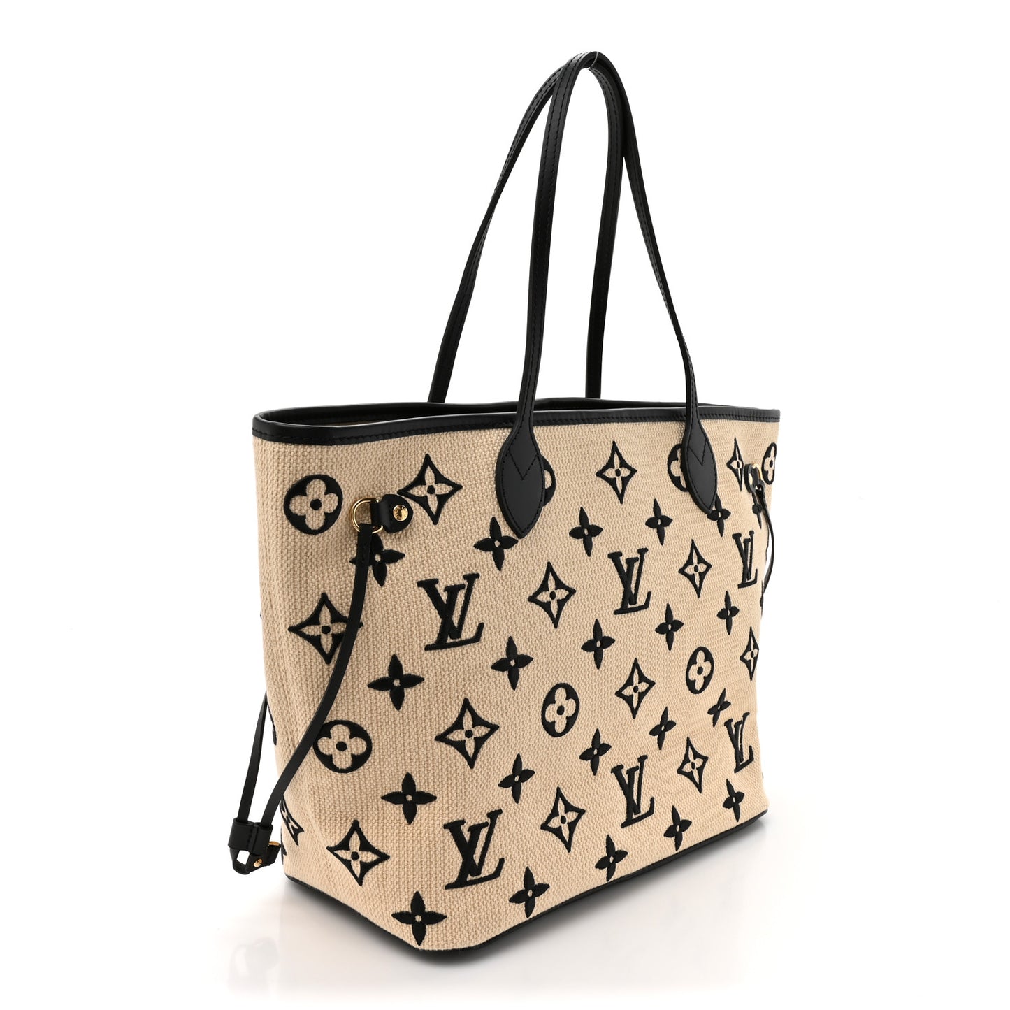 Cotton Monogram Embroidered Neverfull MM Beige Black