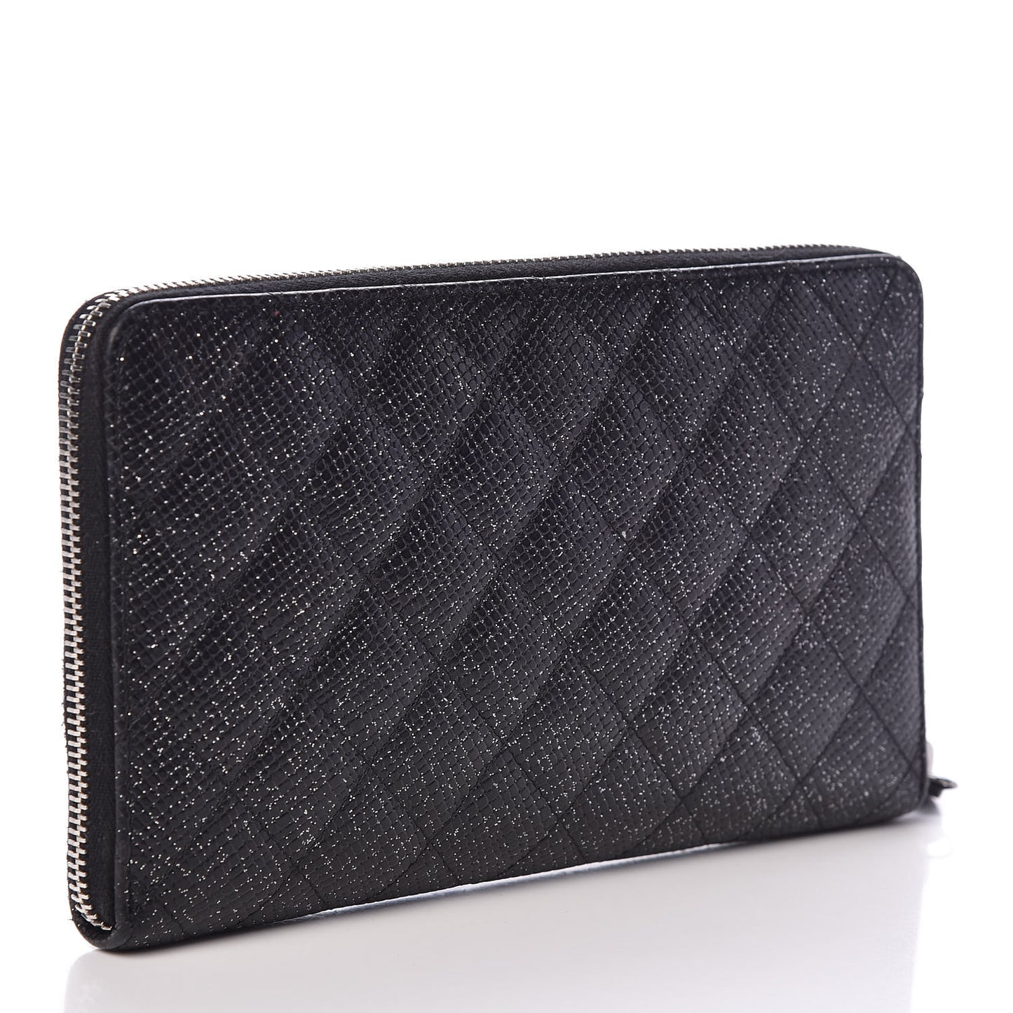 Glittered Calfskin Quilted Large Gusset Zip Wallet Black