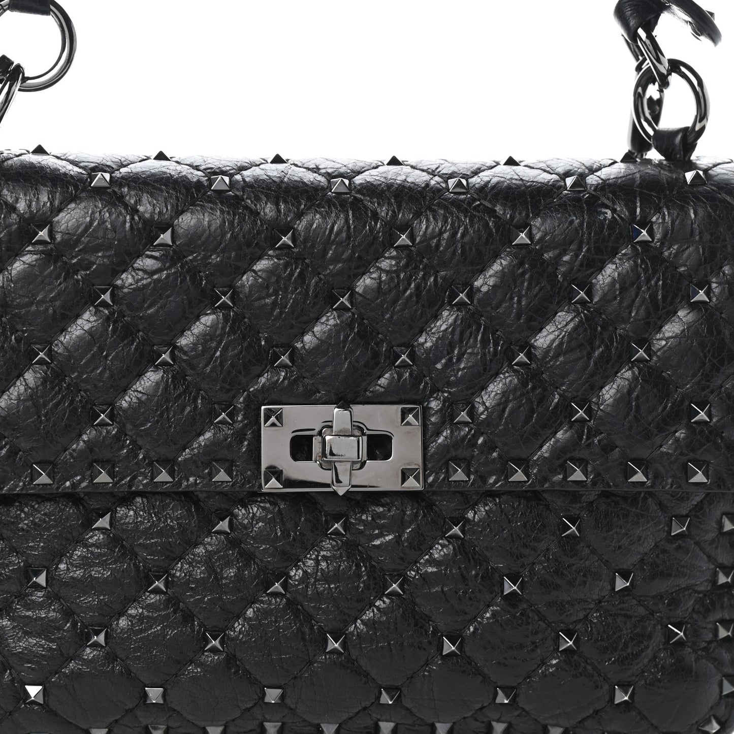 Craquele Nappa Medium Rockstud Spike Shoulder Bag Black