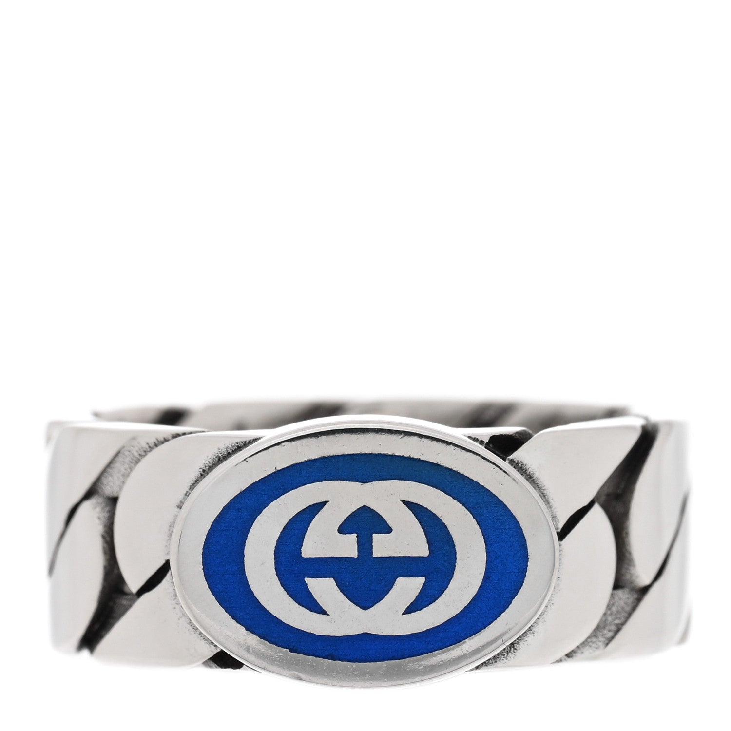 Gucci Sterling Silver Enamel Interlocking G Chain Ring 61 9.75 Blue 1 of 5