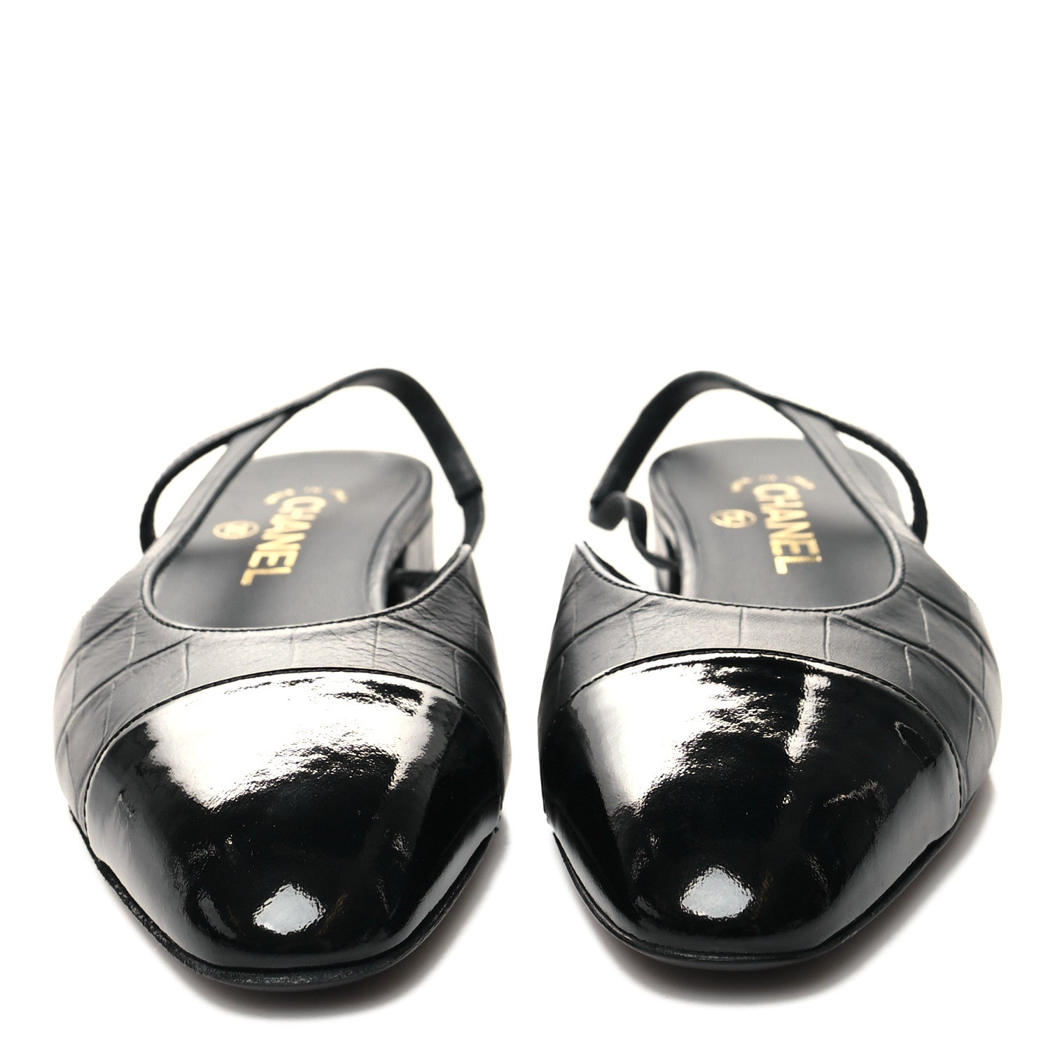 Chanel Calfskin Crocodile Embossed Patent Cap Toe CC Slingback Flats 38 Black 2 of 9