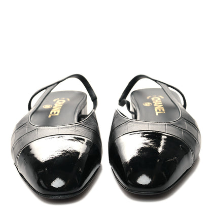 Chanel Calfskin Crocodile Embossed Patent Cap Toe CC Slingback Flats 38 Black 2 of 9