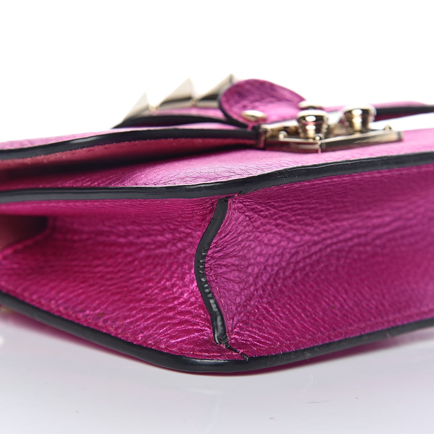 Metallic Pebbled Calfskin Mini Glam Lock Rockstud Flap Peony