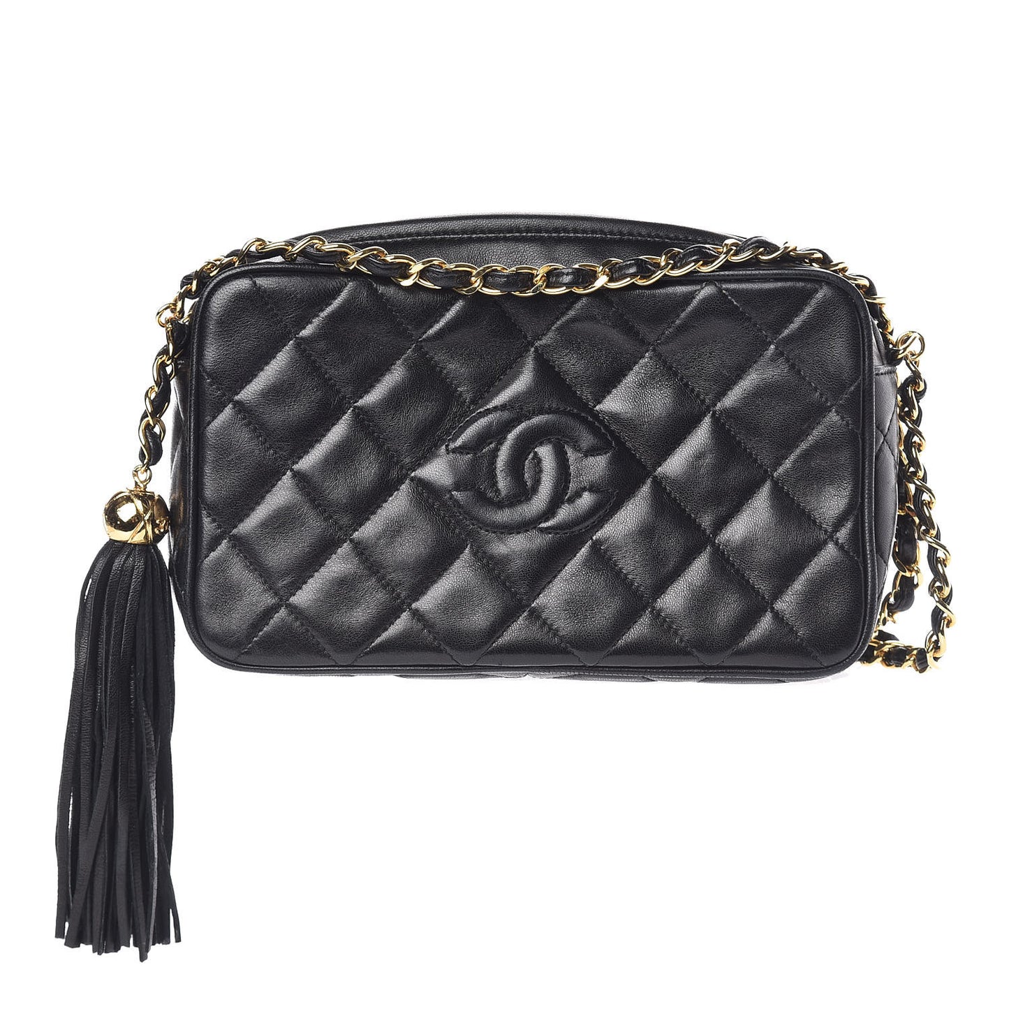 Lambskin Quilted CC Tassel Camera Case Black