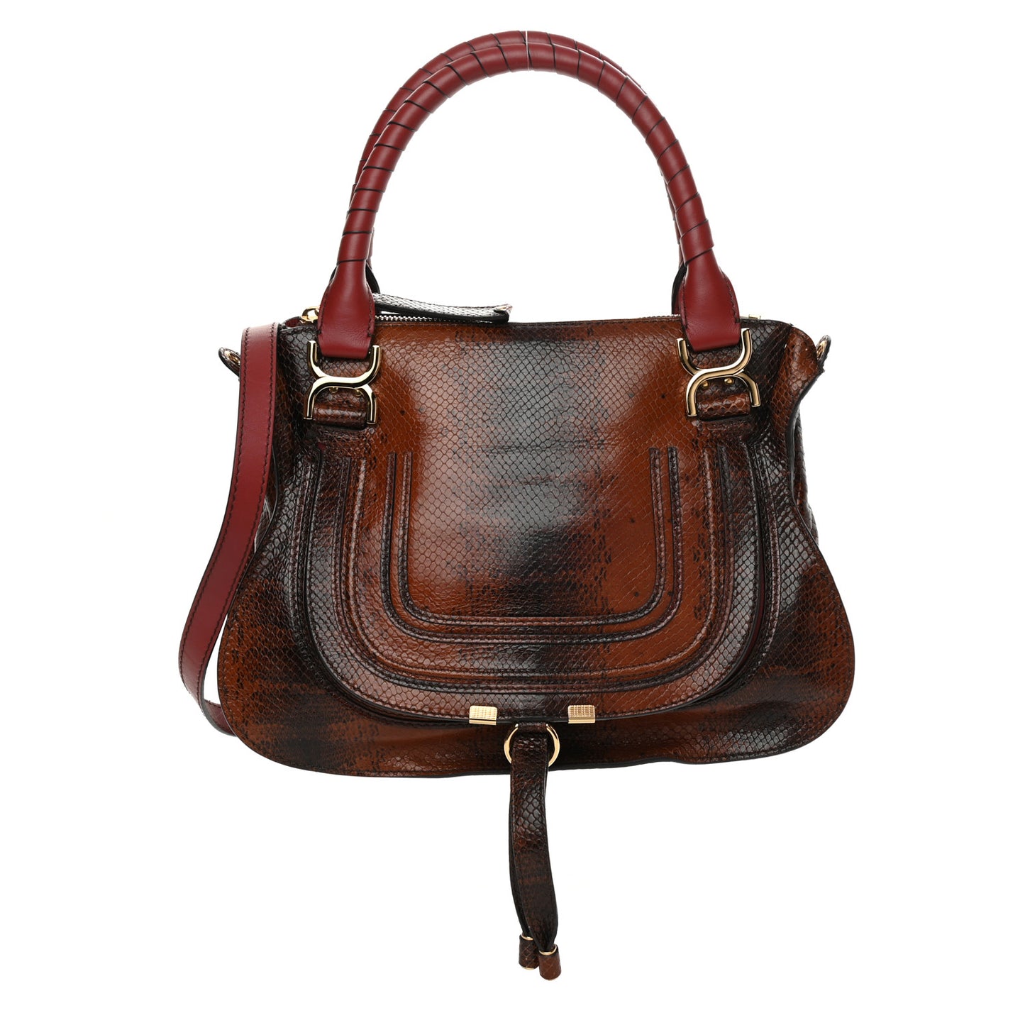 Calfskin Watersnake Embossed Medium Marcie Satchel Sepia Brown