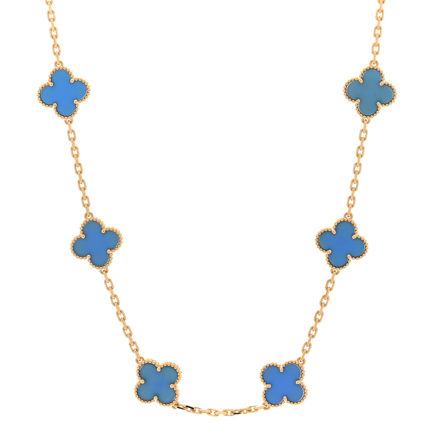 Van Cleef & Arpels 18K Yellow Gold Blue Agate 10 Motifs Vintage Alhambra Necklace 1 of 5