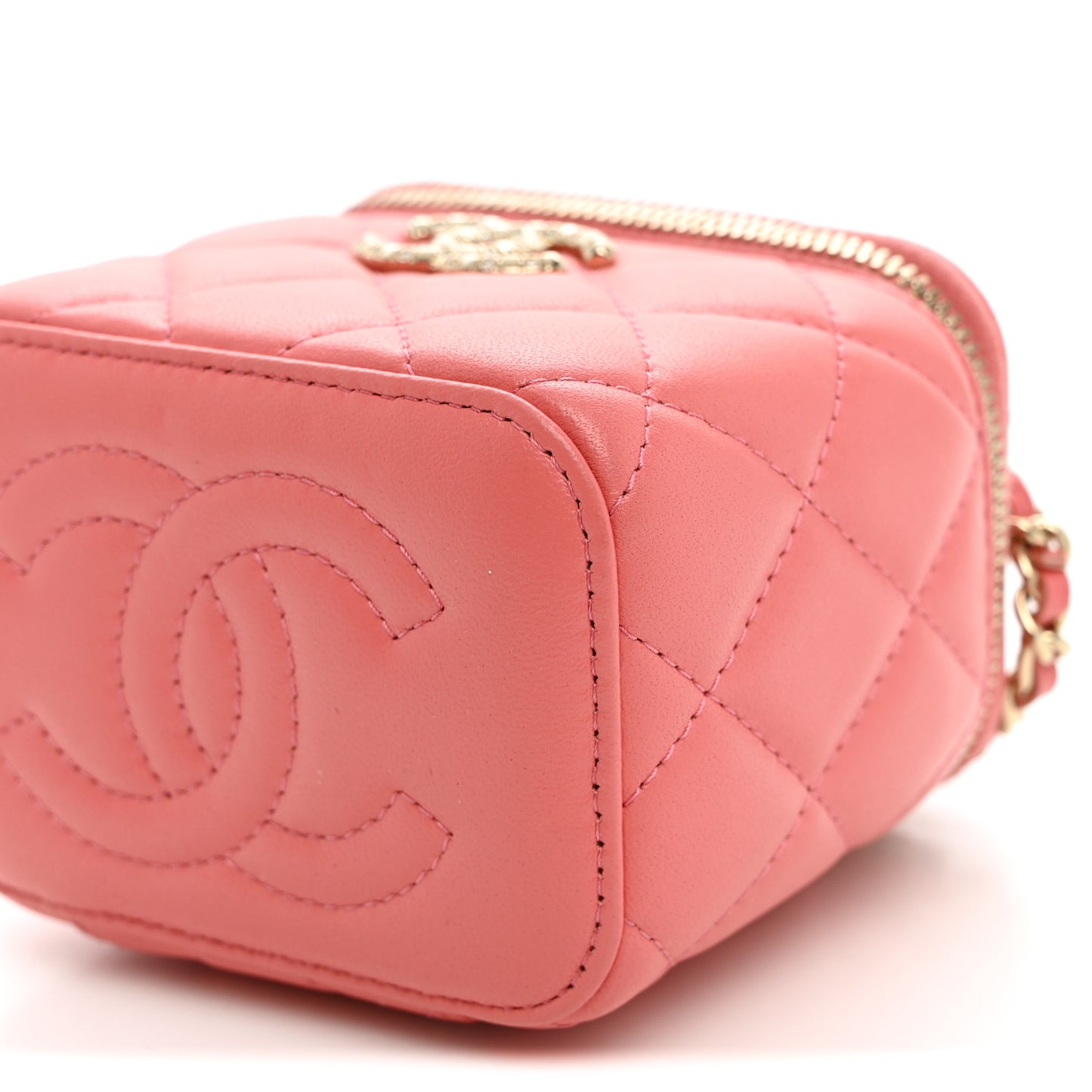 Lambskin Quilted Crystal Top Handle Mini Vanity Case With Chain Coral