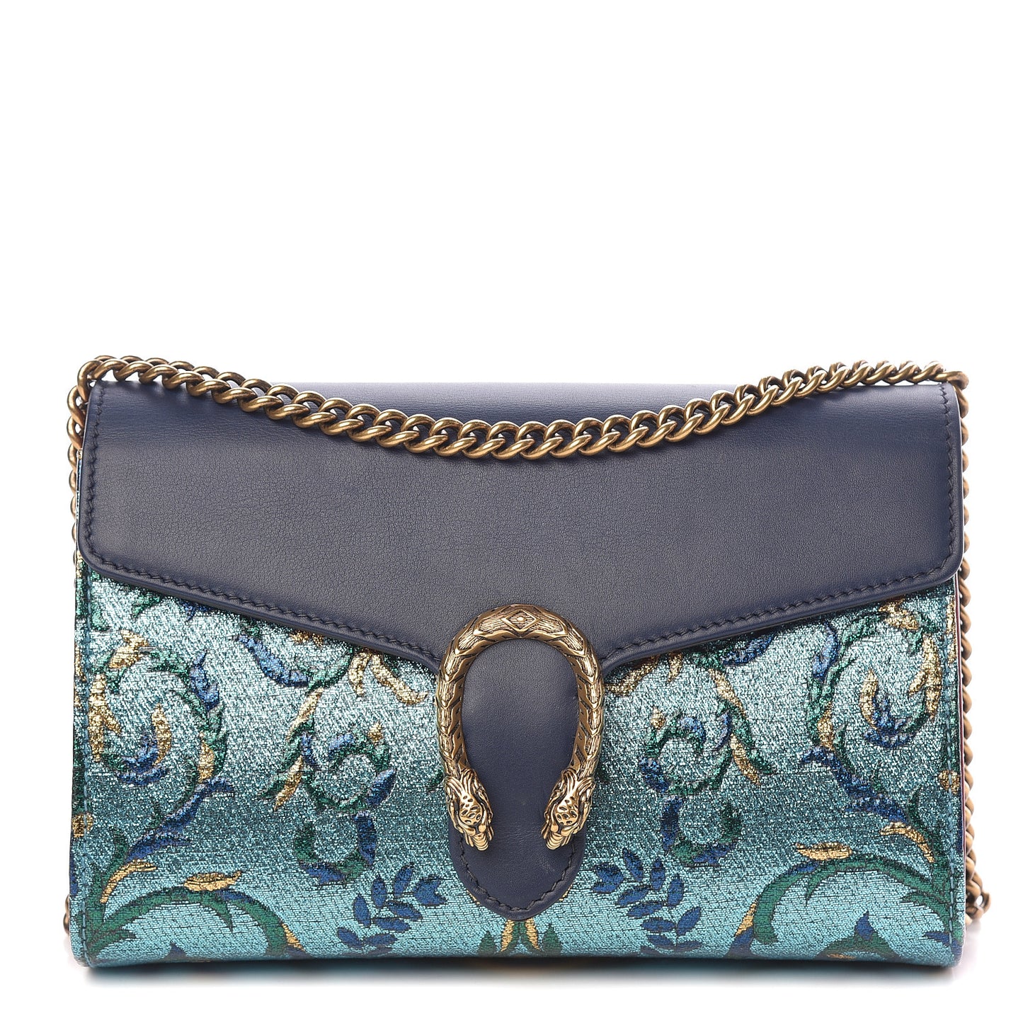 Metallic Brocade Calfskin Mini Dionysus Chain Wallet Black Blue Azure
