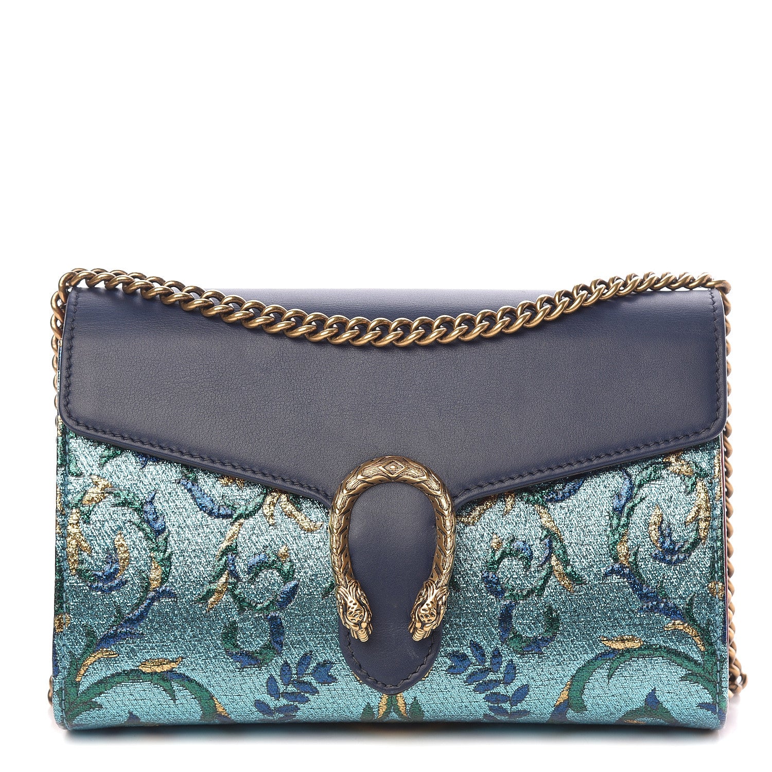 Gucci Metallic Brocade Calfskin Mini Dionysus Chain Wallet Black Blue Azure 1 of 14