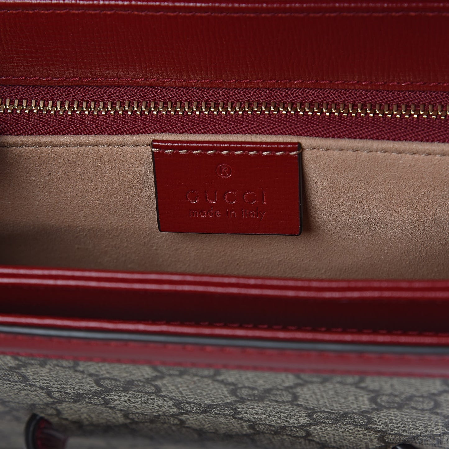 GG Supreme Monogram Azalea Calfskin Horsebit 1955 Shoulder Bag Beige Ebony New Cherry Red