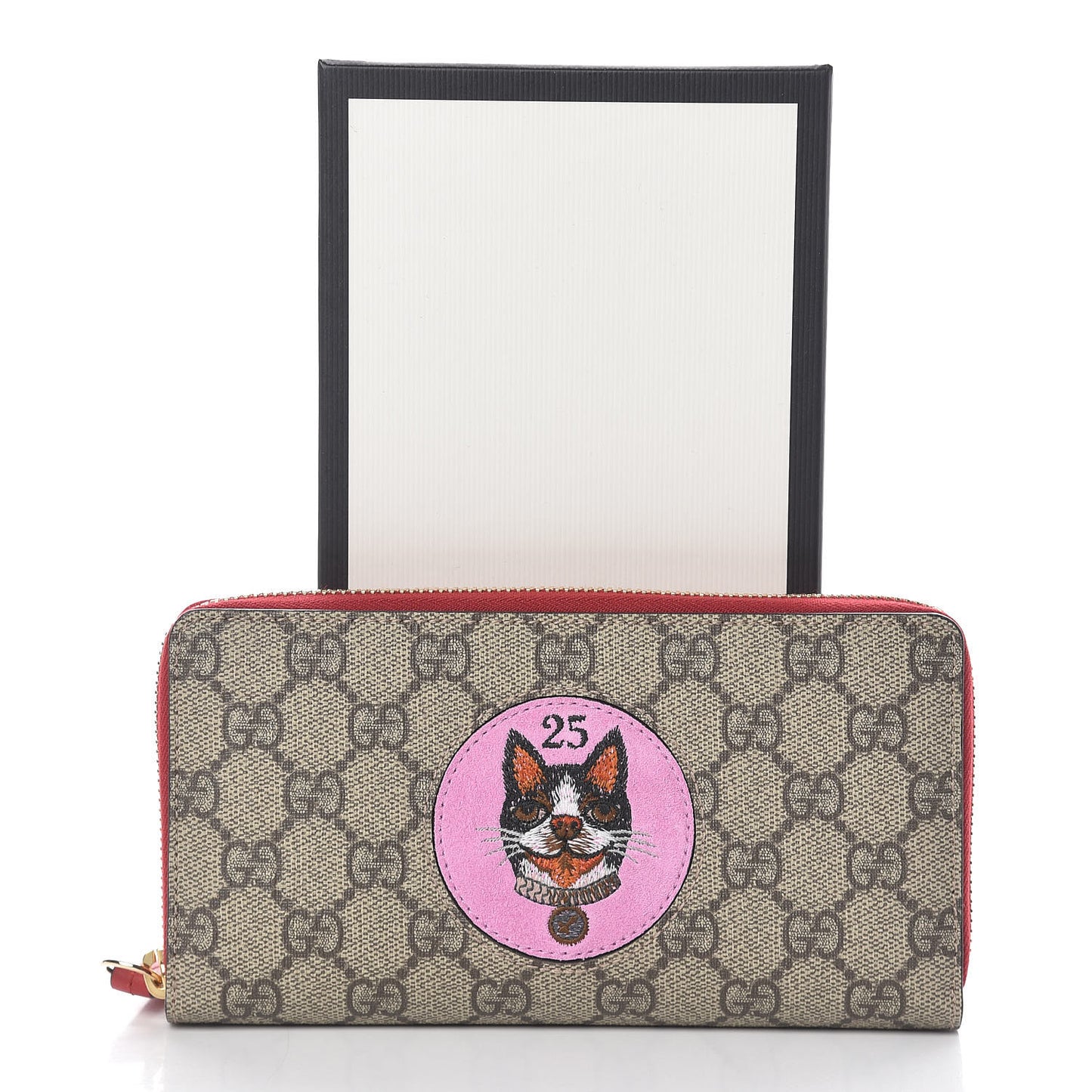 GG Supreme Monogram Bosco Patch Zip Around Wallet Beige Malva Hibiscus Red