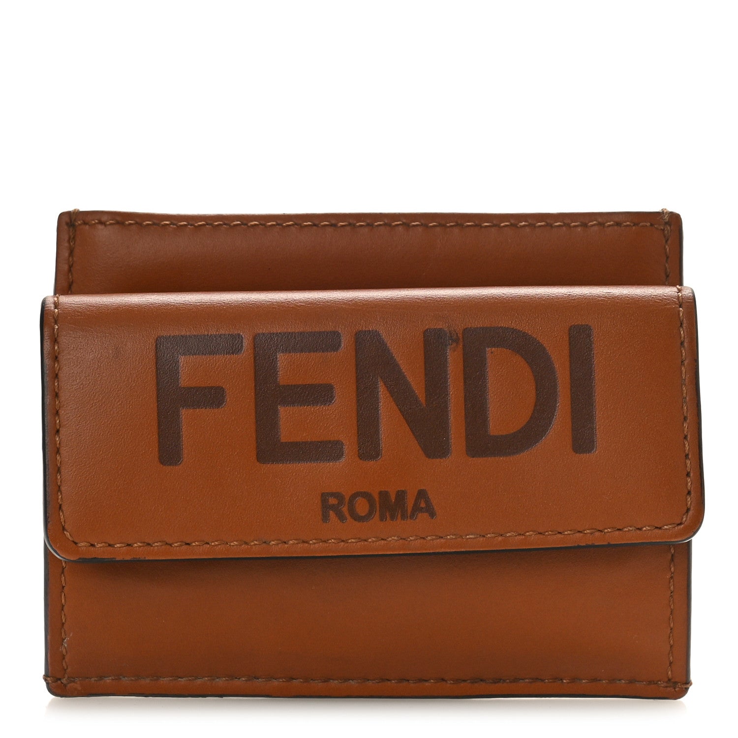 Fendi Vitello King Tamponato Logo Embossed Fold Over Card Holder Wallet Cuoio 1 of 9