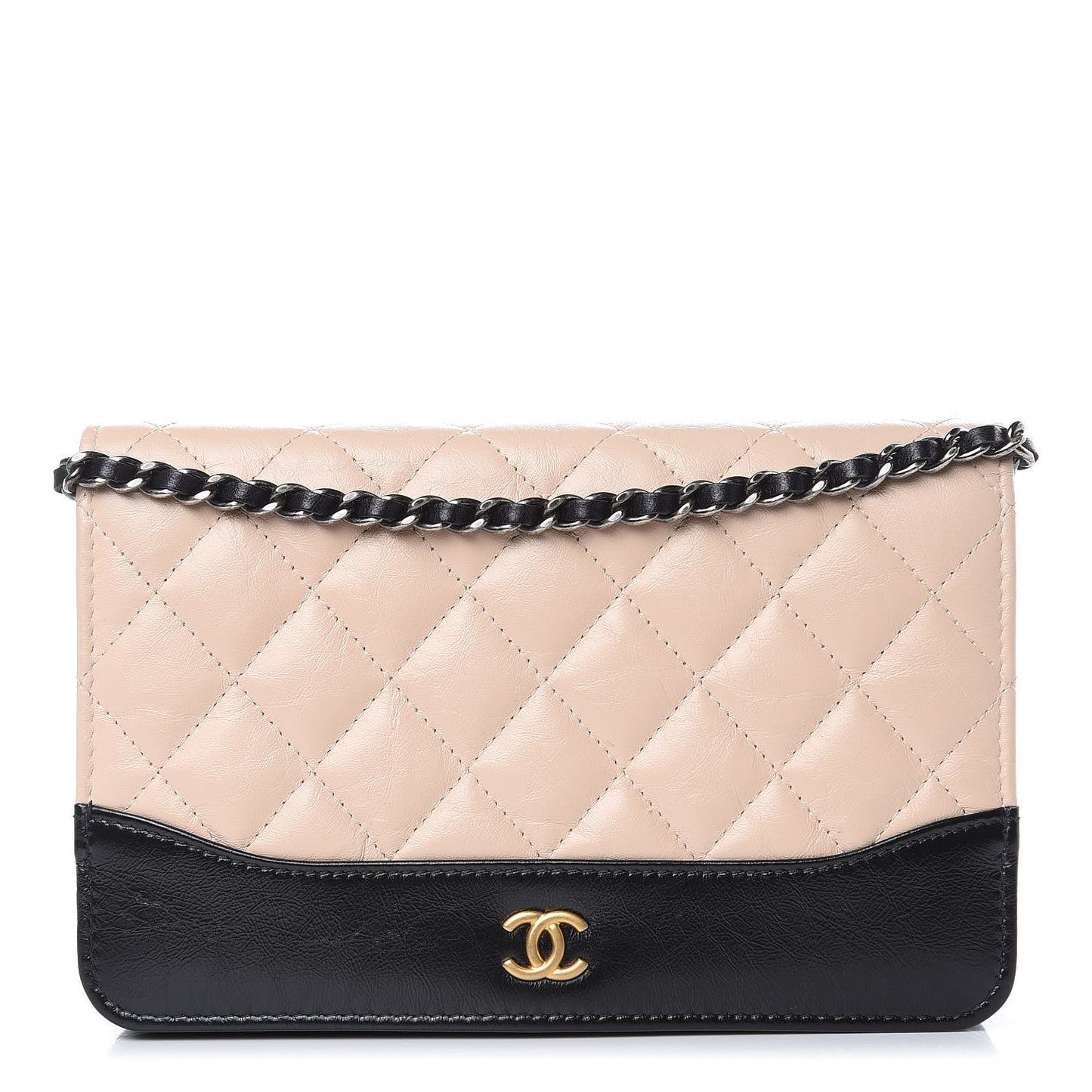 Aged Calfskin Quilted Gabrielle Wallet On Chain WOC Beige Black