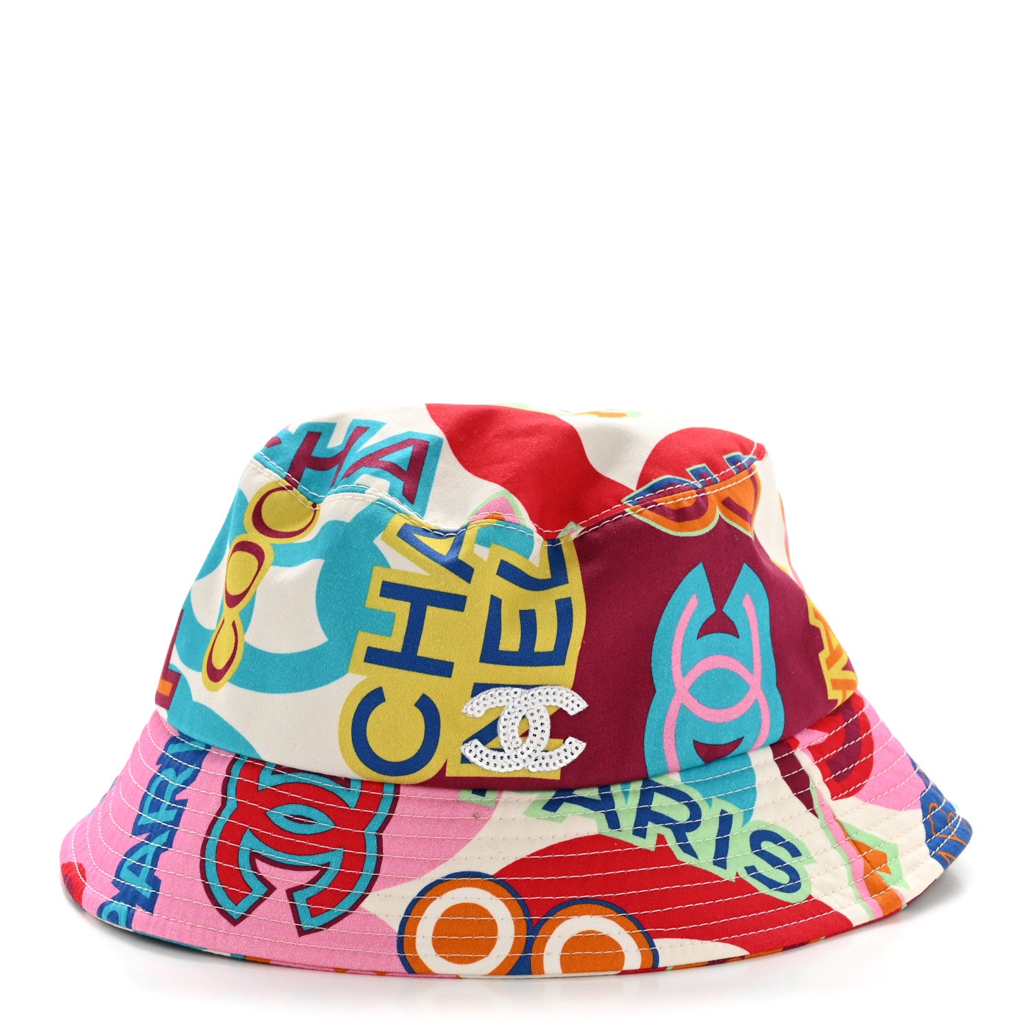 Chanel Cotton Cloche Bucket Hat M Pink Red White Turquoise 1 of 8