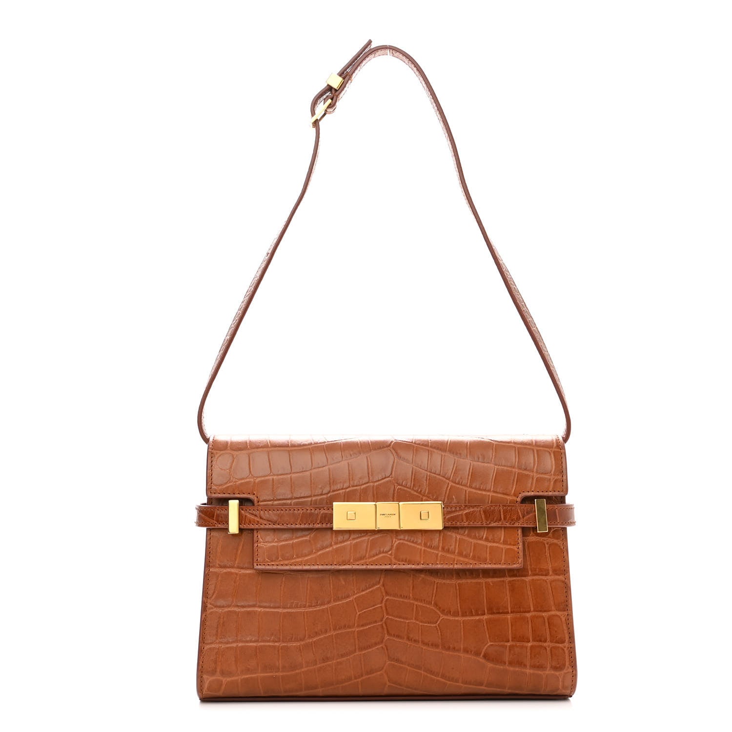 Saint Laurent Shiny Calfskin Crocodile Embossed Small Manhattan Baguette Dark Caramel 1 of 9