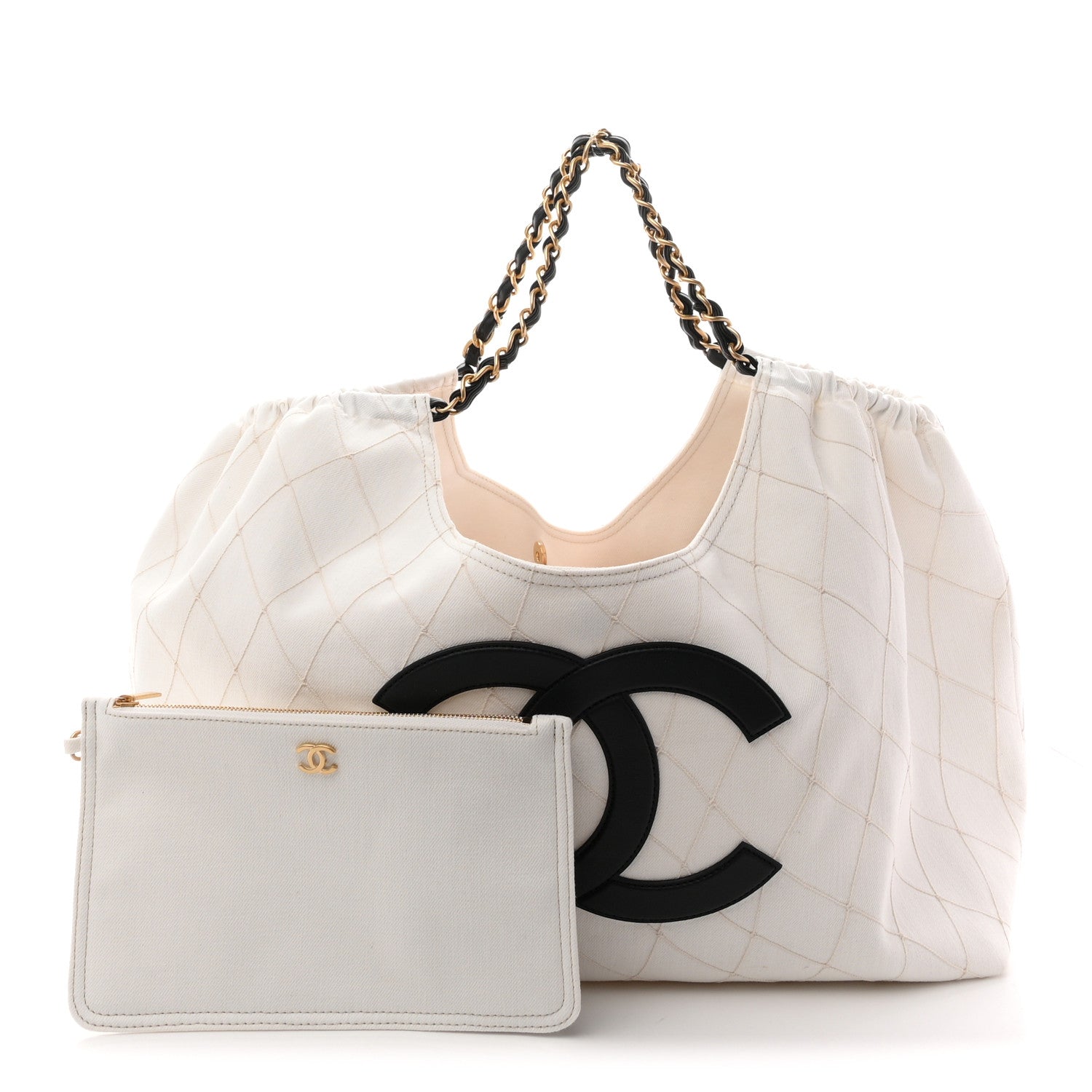 Chanel Denim Calfskin Quilted Coco Beach Small Shopping Tote White Black 3 of 11