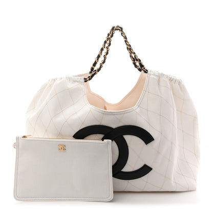 Chanel Denim Calfskin Quilted Coco Beach Small Shopping Tote White Black 3 of 11
