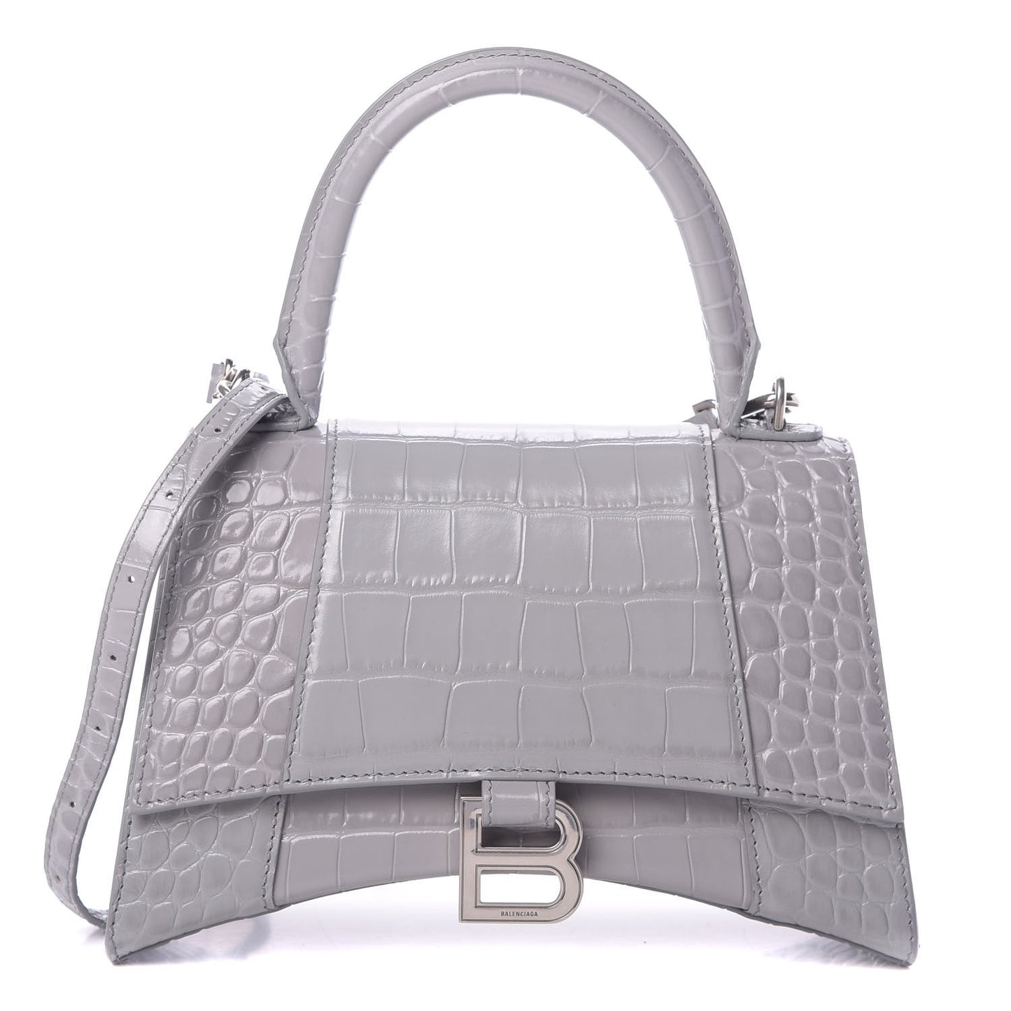 Shiny Calfskin Crocodile Embossed Small Hourglass Top Handle Bag Balenciaga Grey