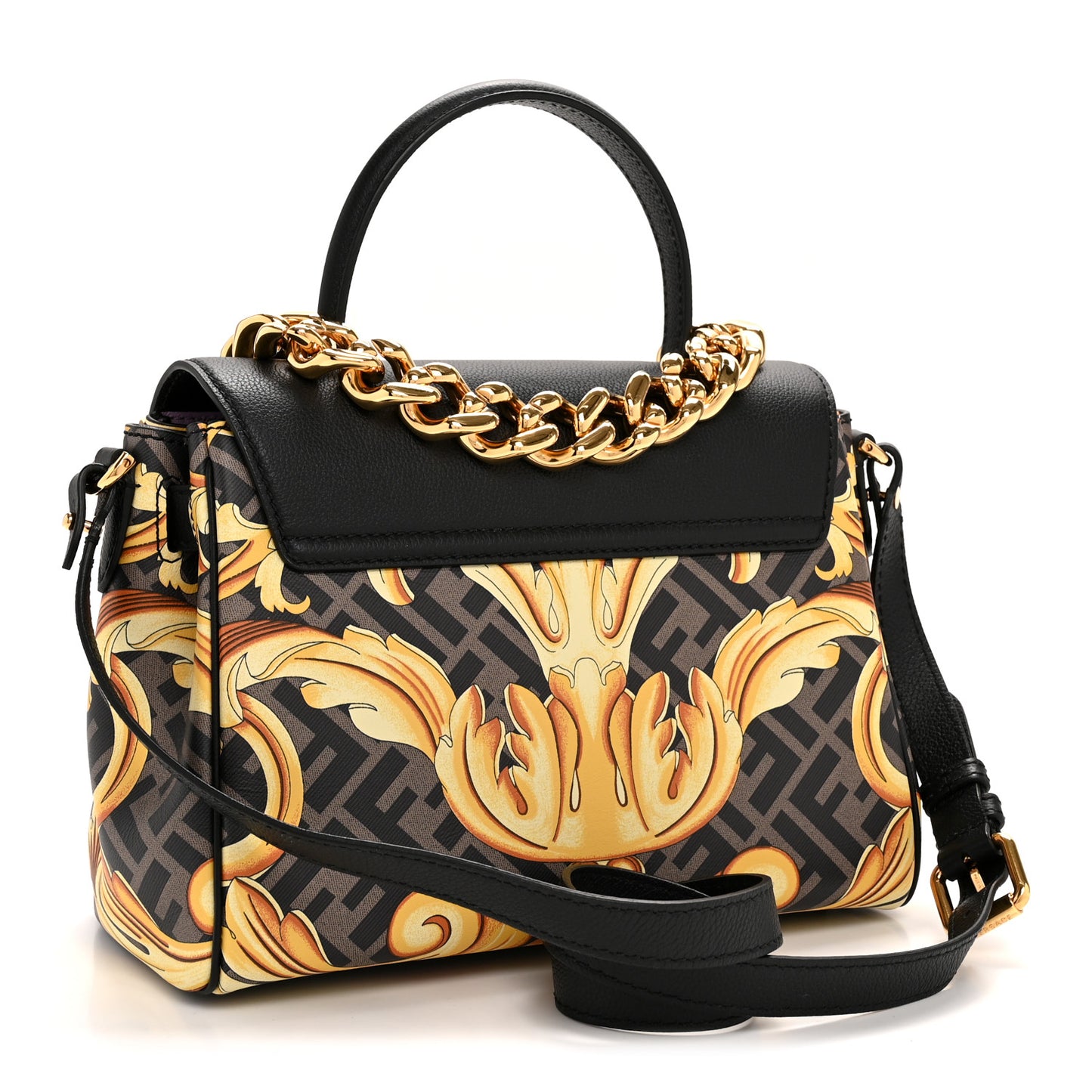 X FENDI Grained Calfskin Fendace La Medusa Medium Top Handle Bag Black Multicolor