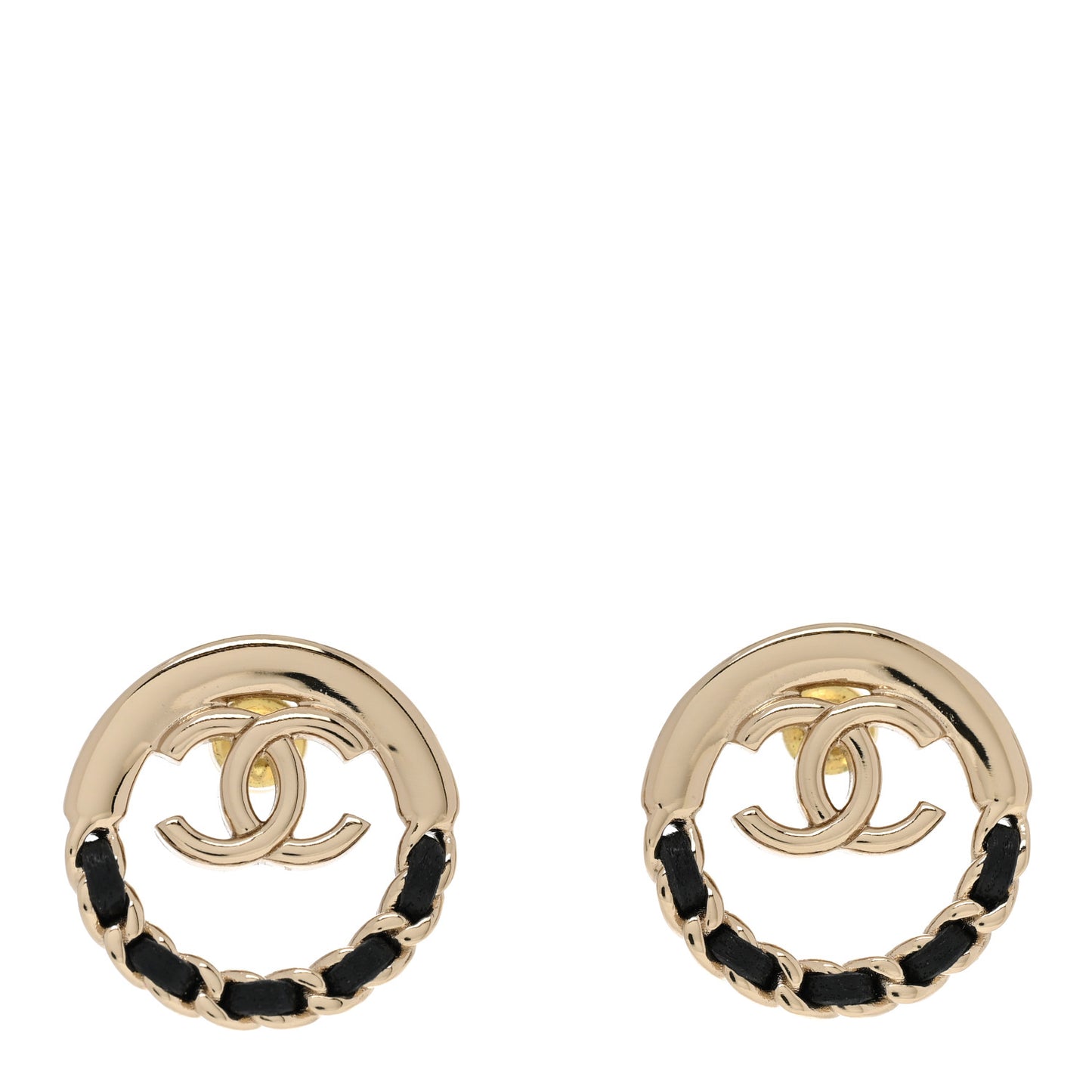 Lambskin Chain CC Round Earrings Gold Black