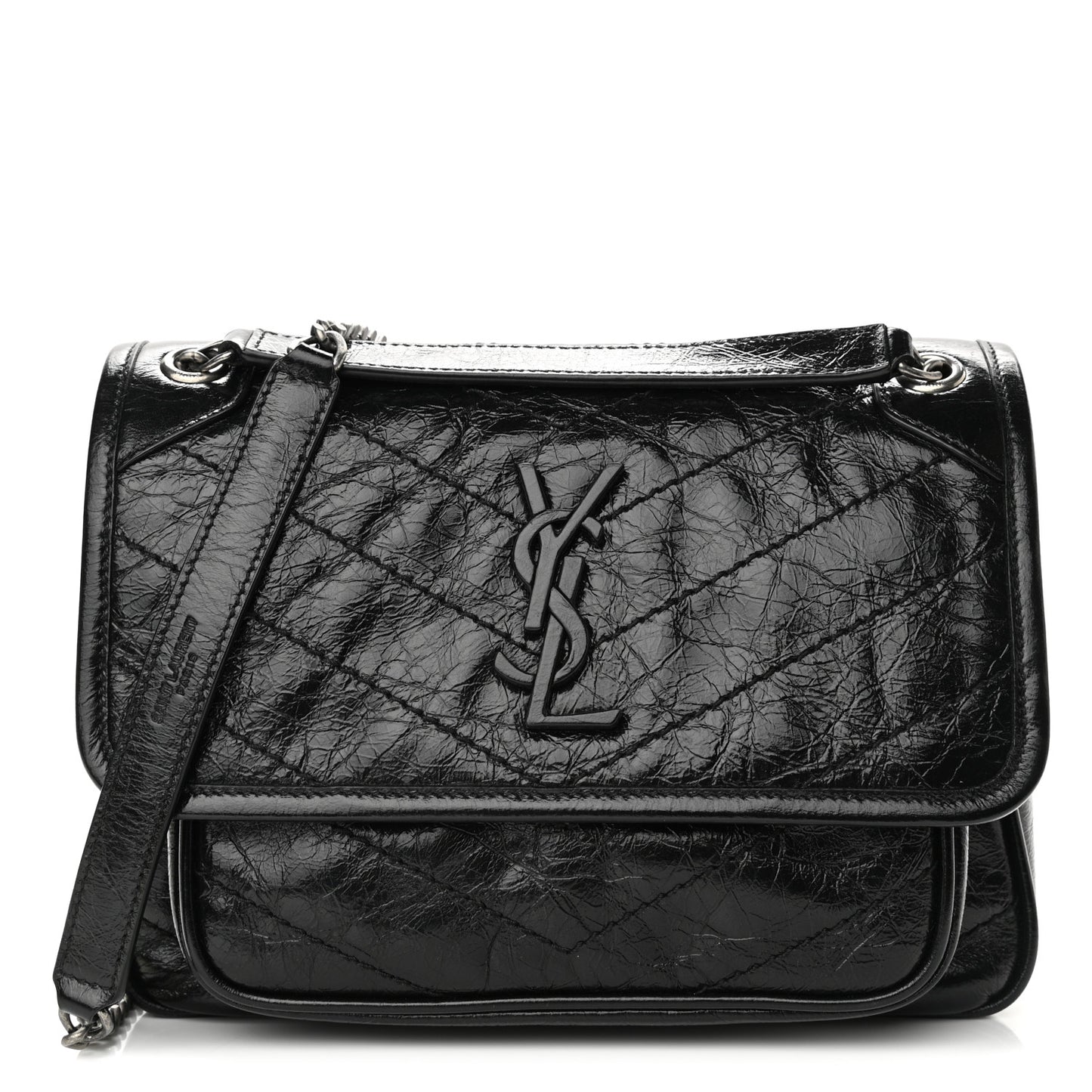Crinkled Lambskin Matelasse Monogram Baby Niki Chain Satchel Black