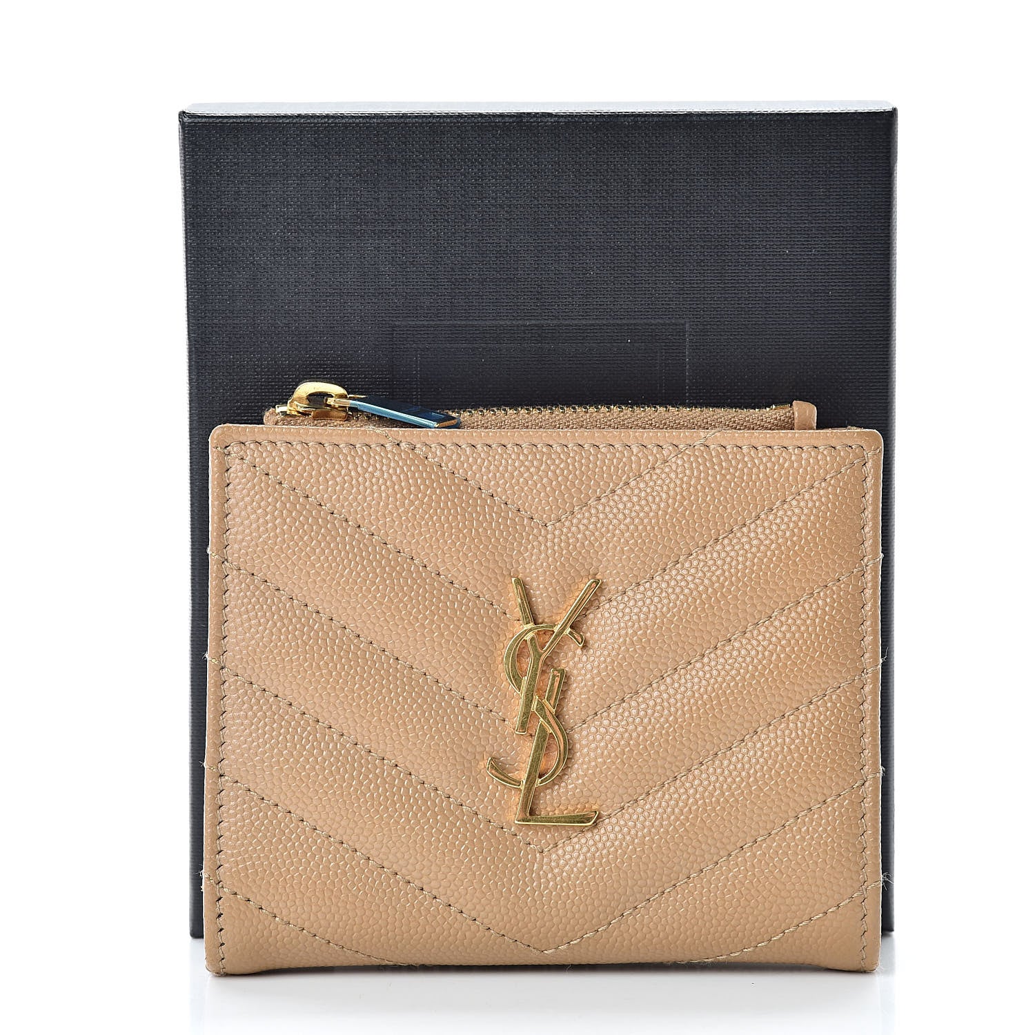 Saint Laurent Grain De Poudre Matelasse Chevron Monogram Zipped Card Case Deep Beige 8 of 8
