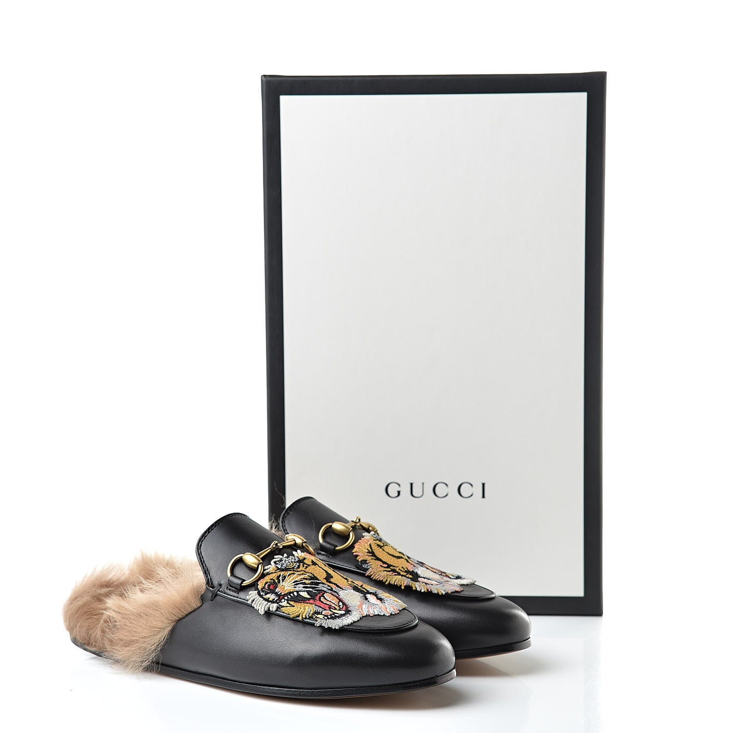 Gucci Calfskin Fur Tiger Embroidered Womens Princetown Slippers 35.5 Black 9 of 9