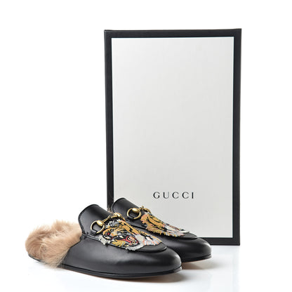 Gucci Calfskin Fur Tiger Embroidered Womens Princetown Slippers 35.5 Black 9 of 9