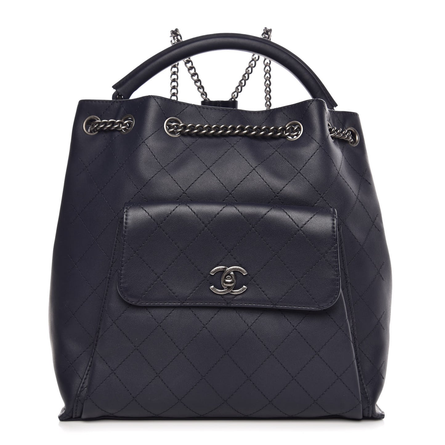 Calfskin Stitched Large Urban Luxury Drawstring Backpack Navy Blue