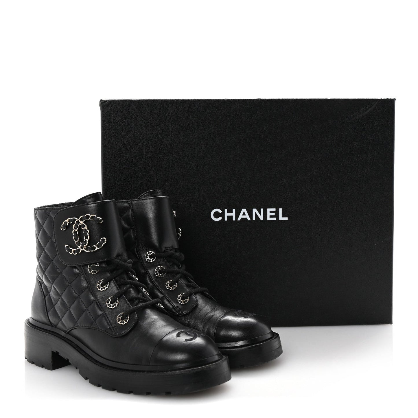 Shiny Lambskin Quilted Lace Up Combat Boots 37 Black